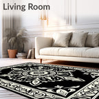 Black and Cream Floral Medallion Border Rug
