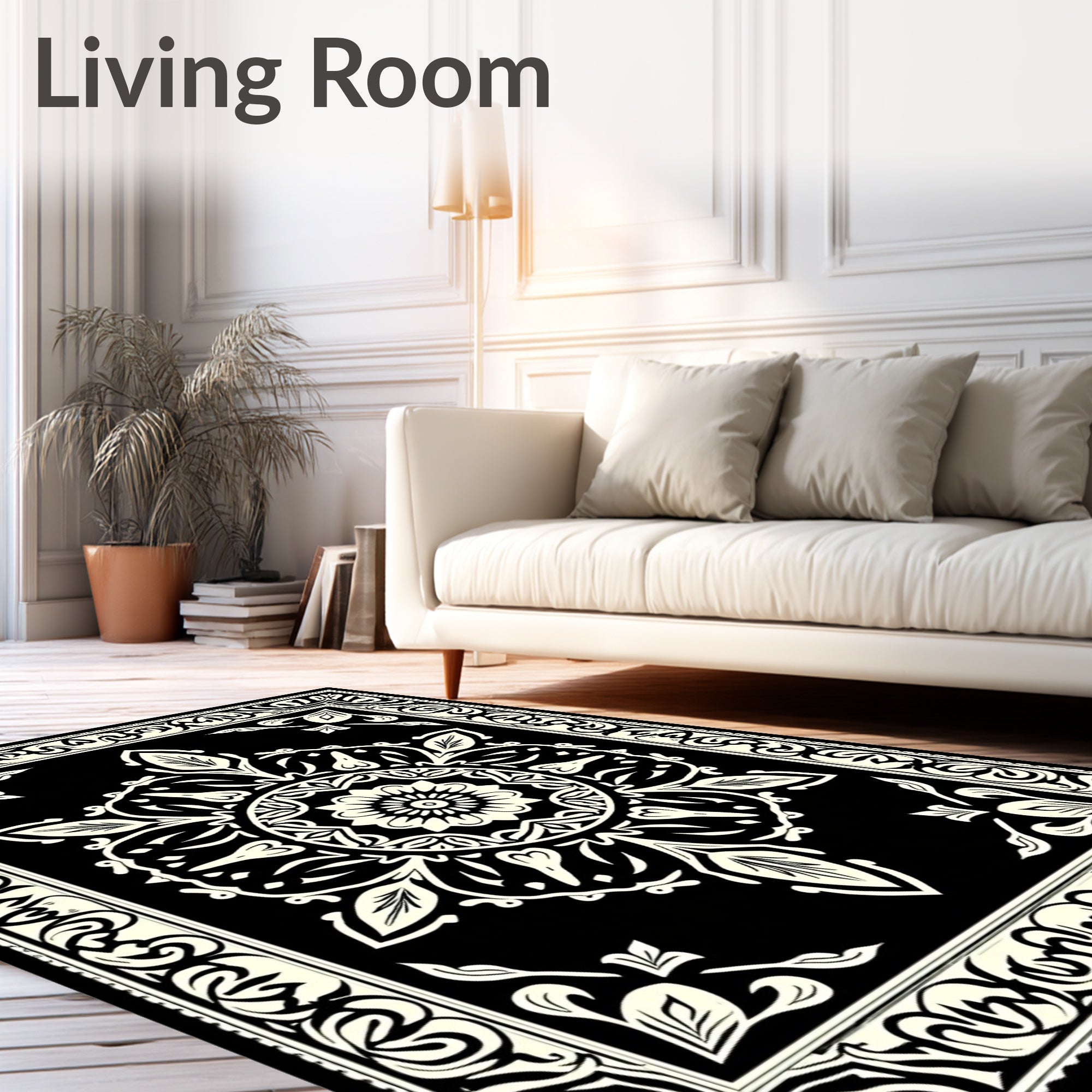 Black and Cream Floral Medallion Border Rug