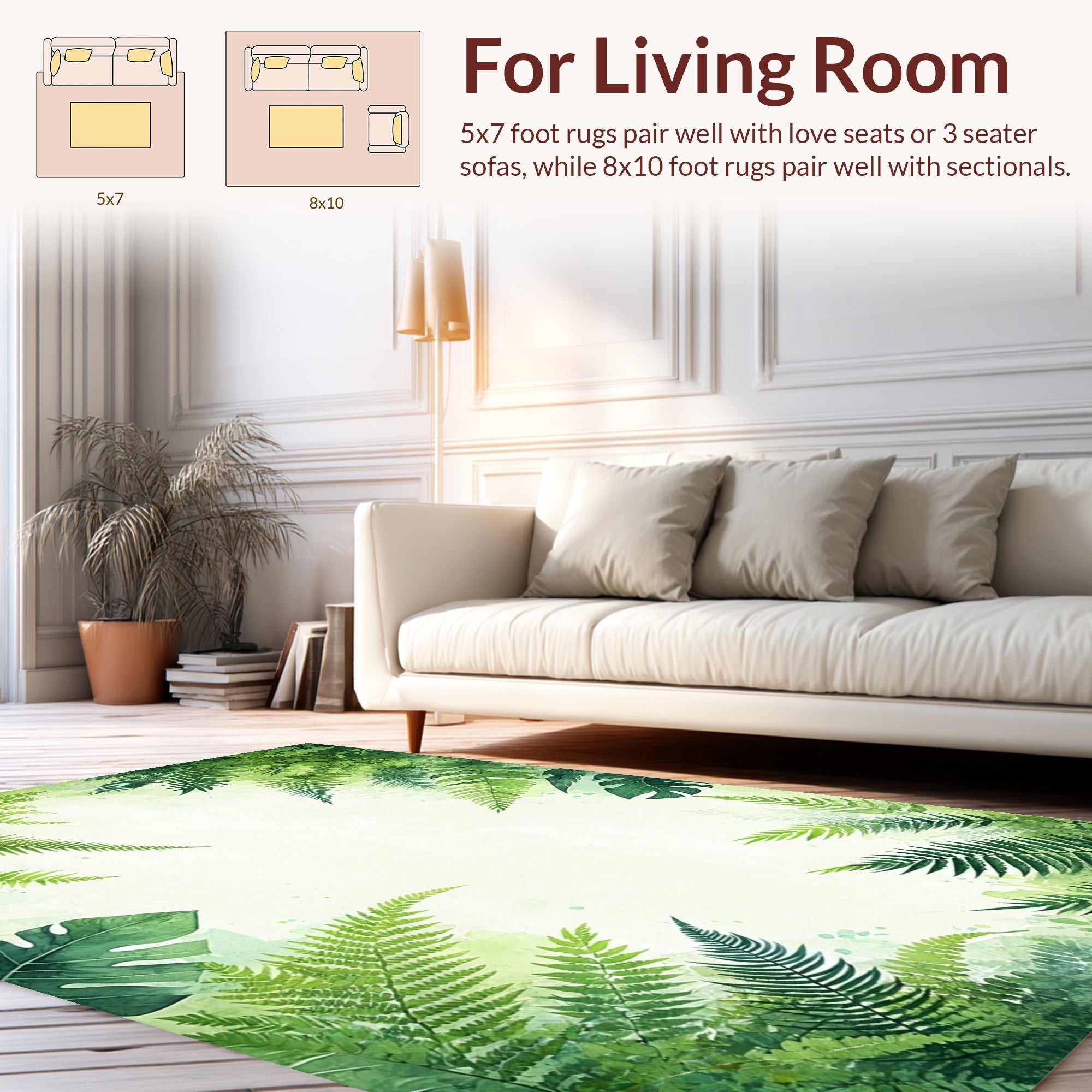 Lush Green Ferns Watercolor Print Rug