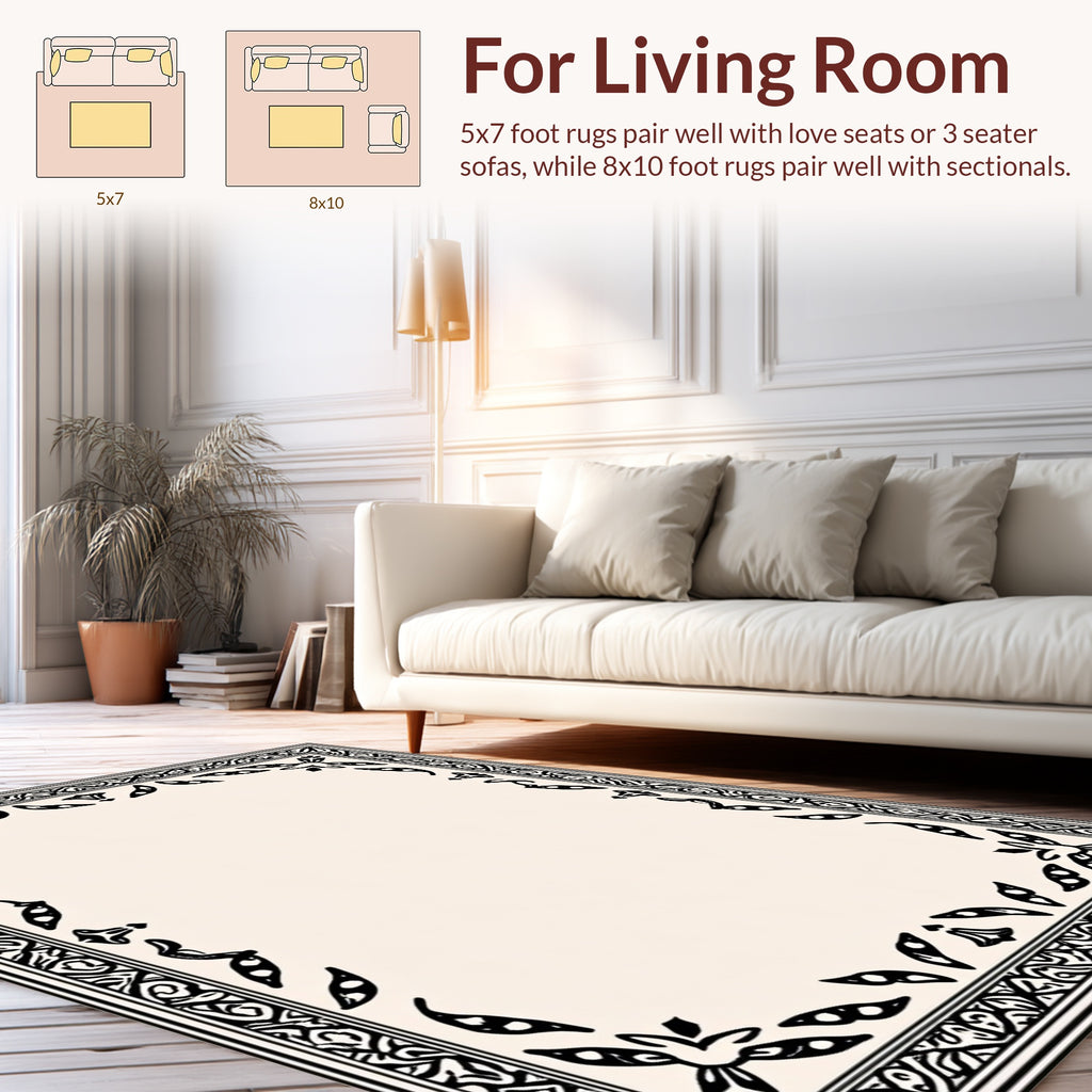 Classic Black White Floral Border Design Rug