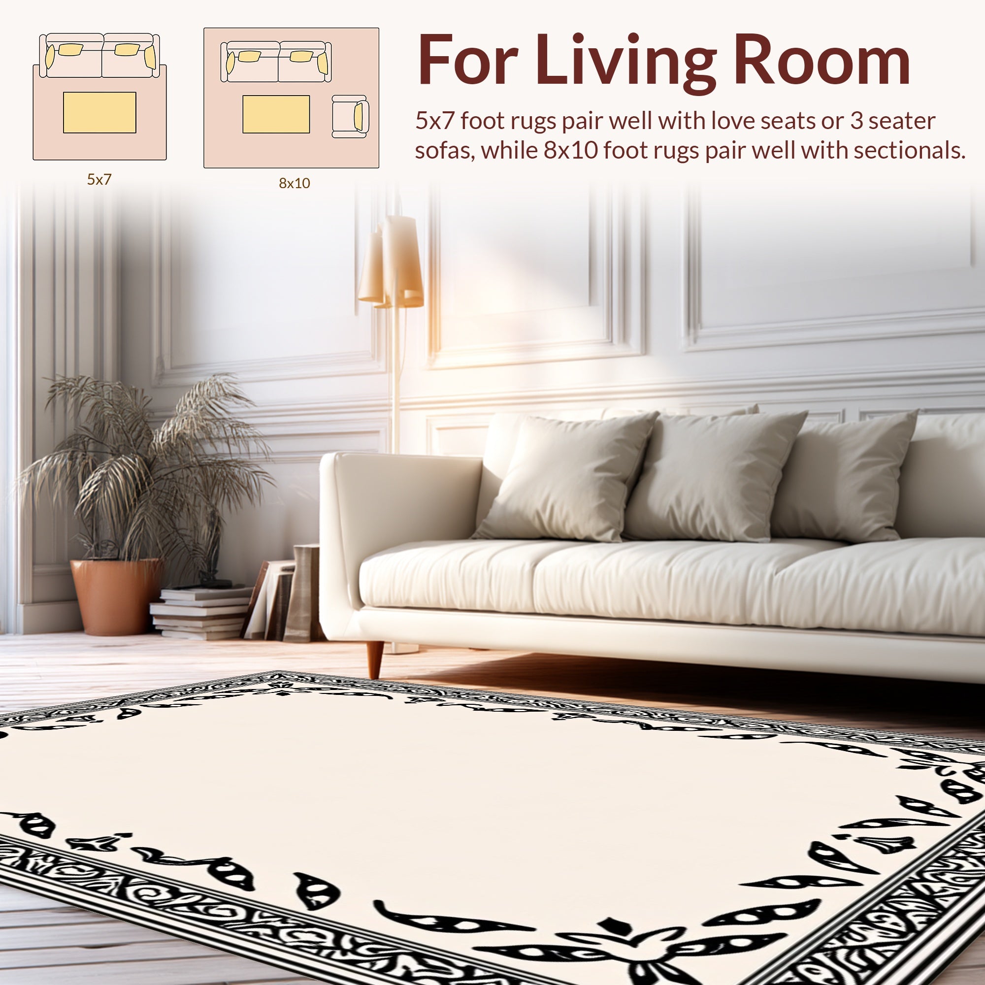 Classic Black White Floral Border Design Rug