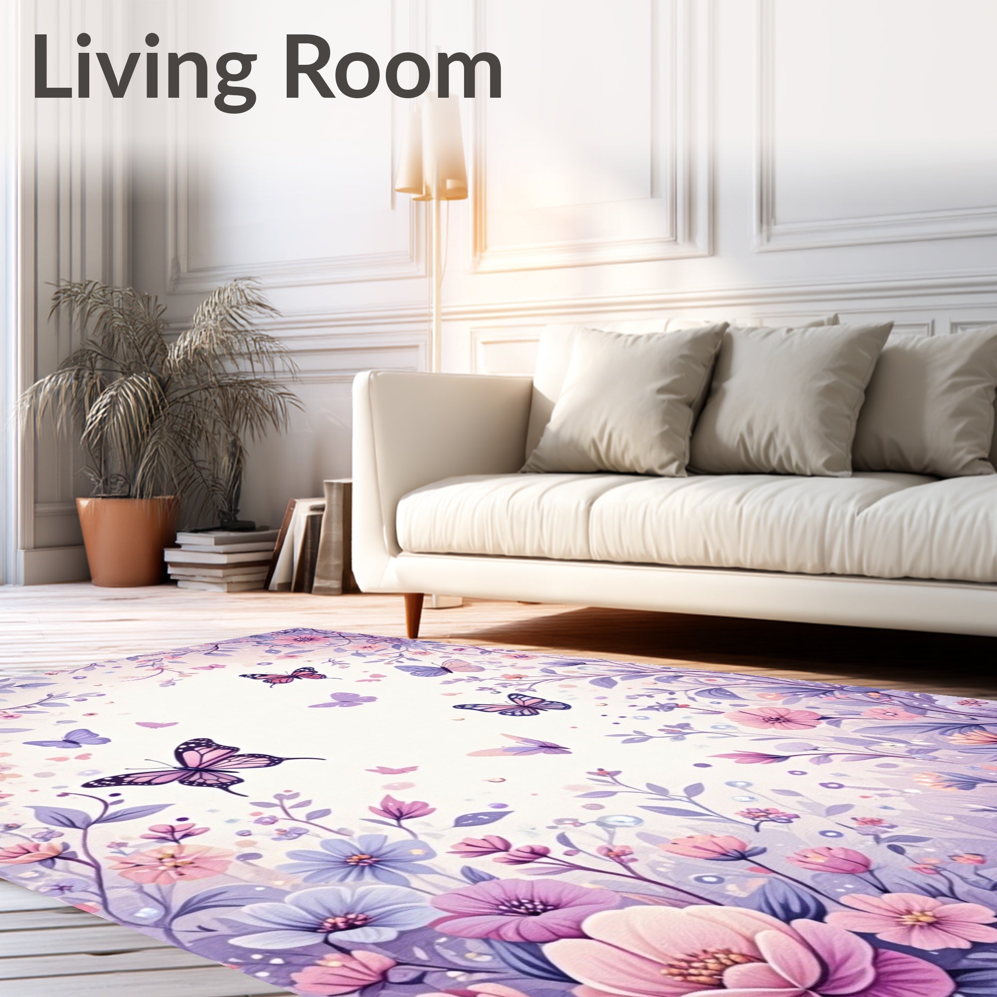 Whimsical Lilac Butterfly Floral Garden Rug
