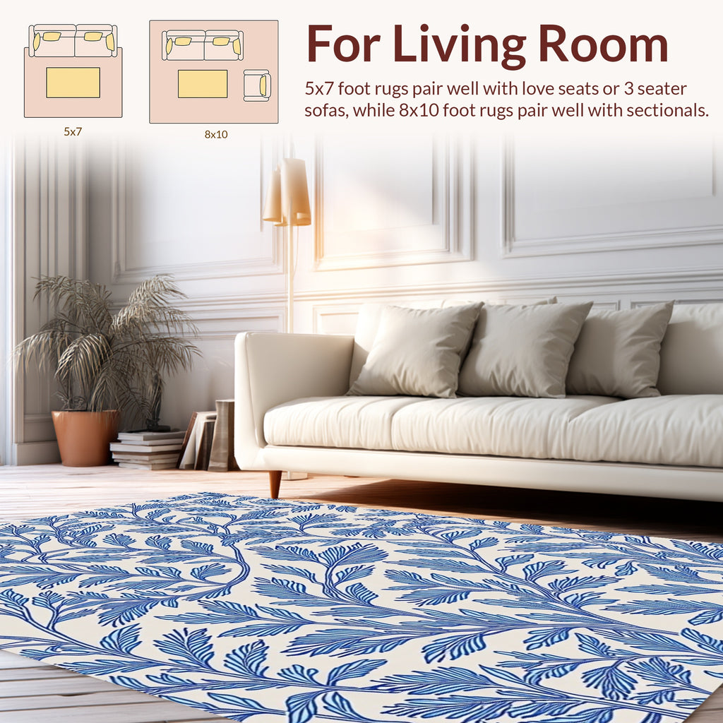 Blue White Leafy Branch Pattern Rug