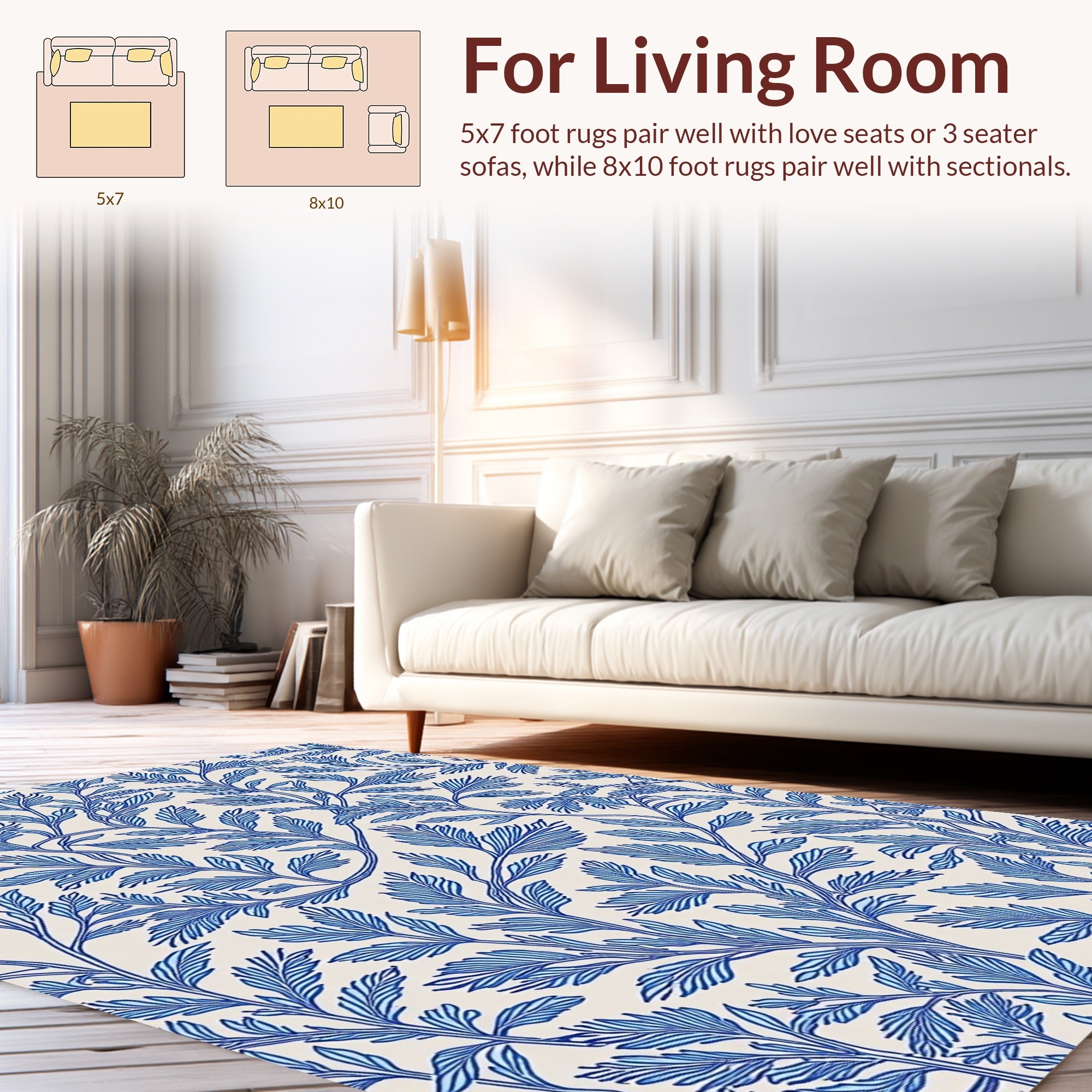 Blue White Leafy Branch Pattern Rug