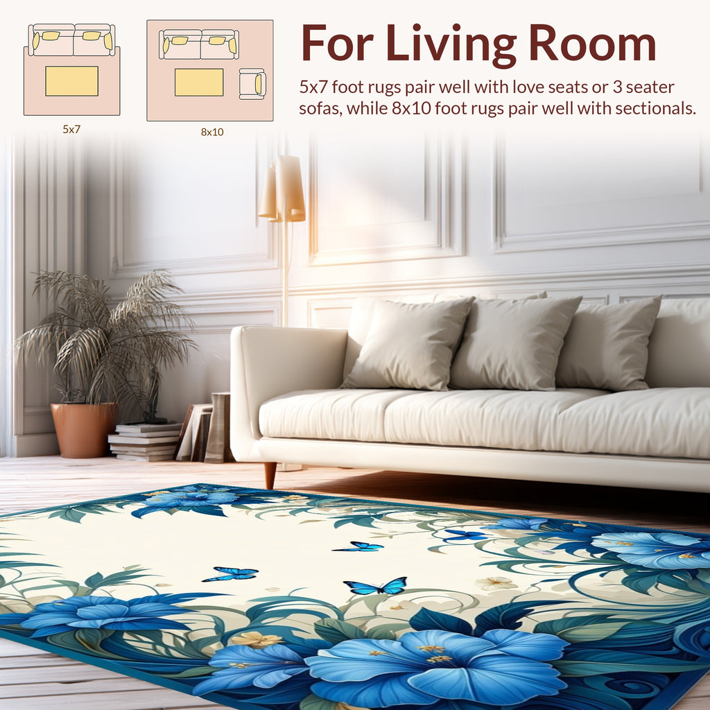 Tropical Blue Flower Butterfly Art Rug