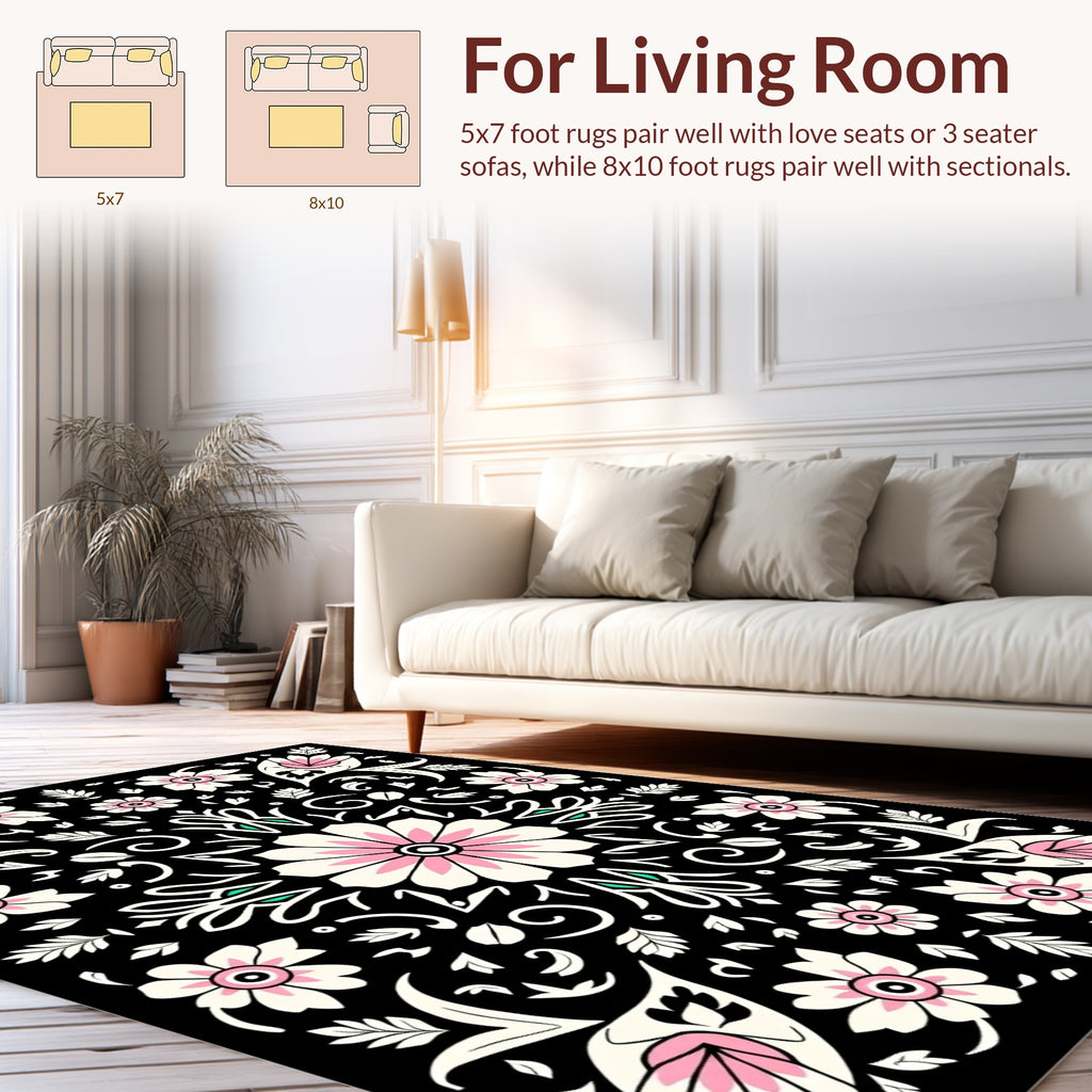 Black Floral Pattern Rug