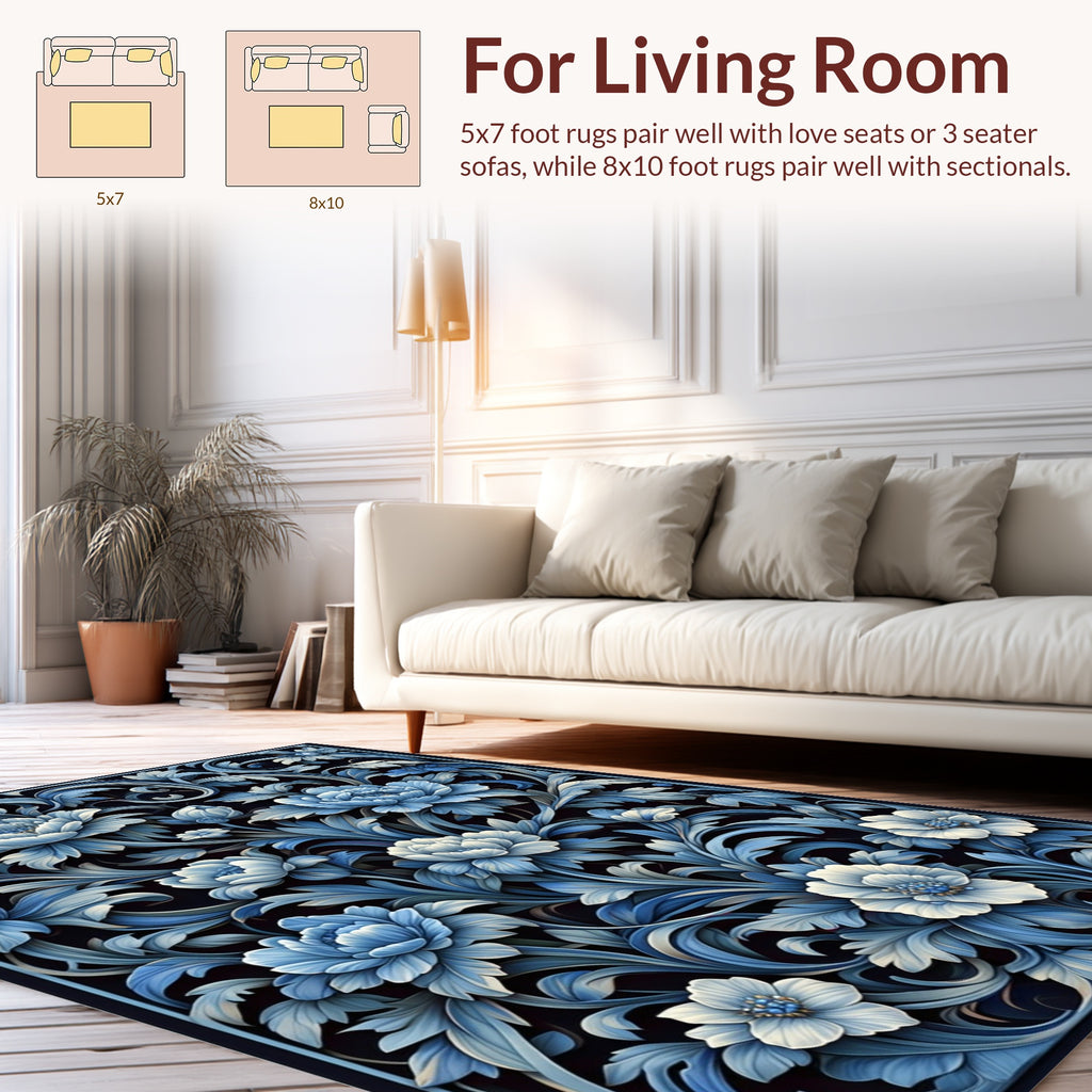 Blue Floral Scrollwork Vintage Pattern Rug