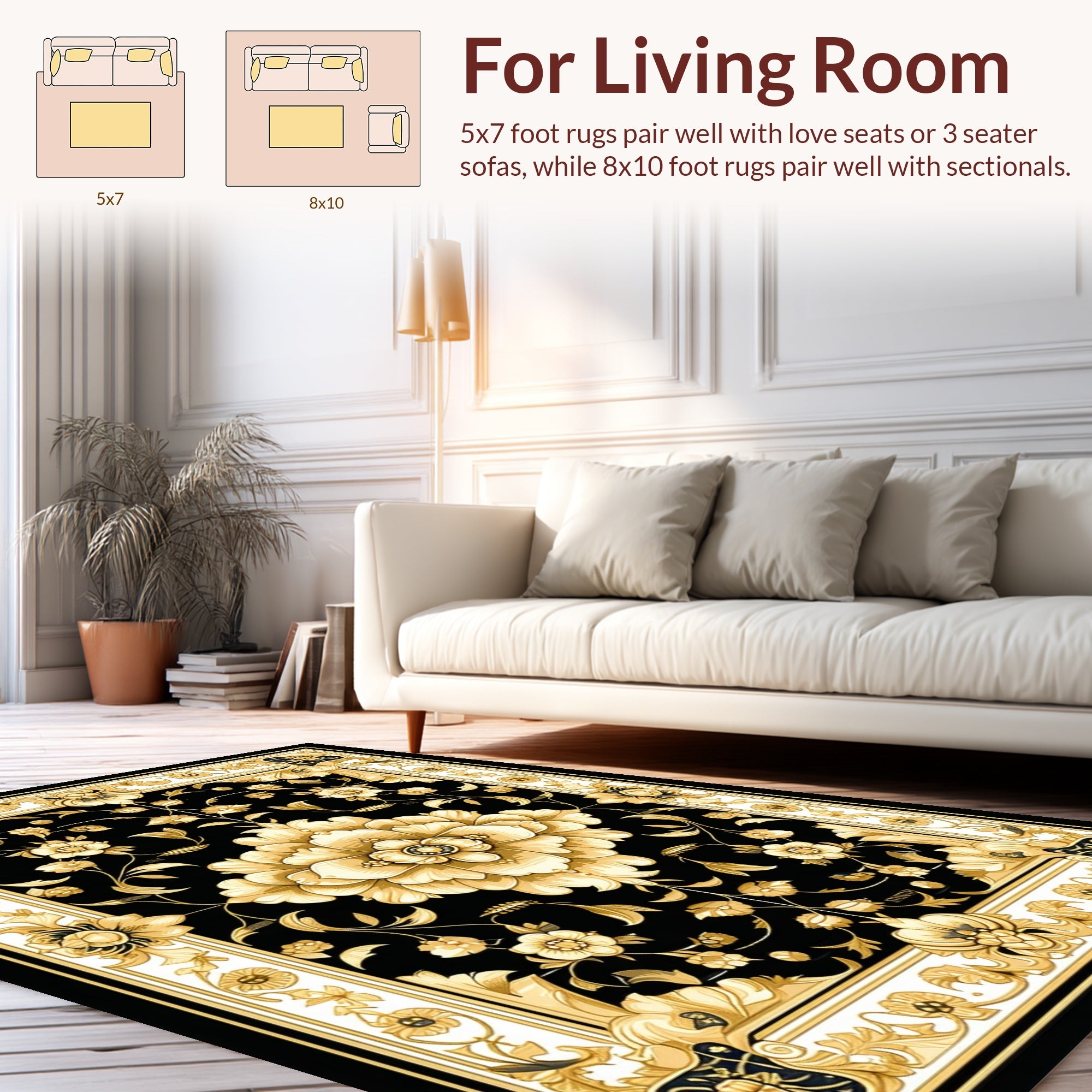 Black Gold Floral Classic Border Rug