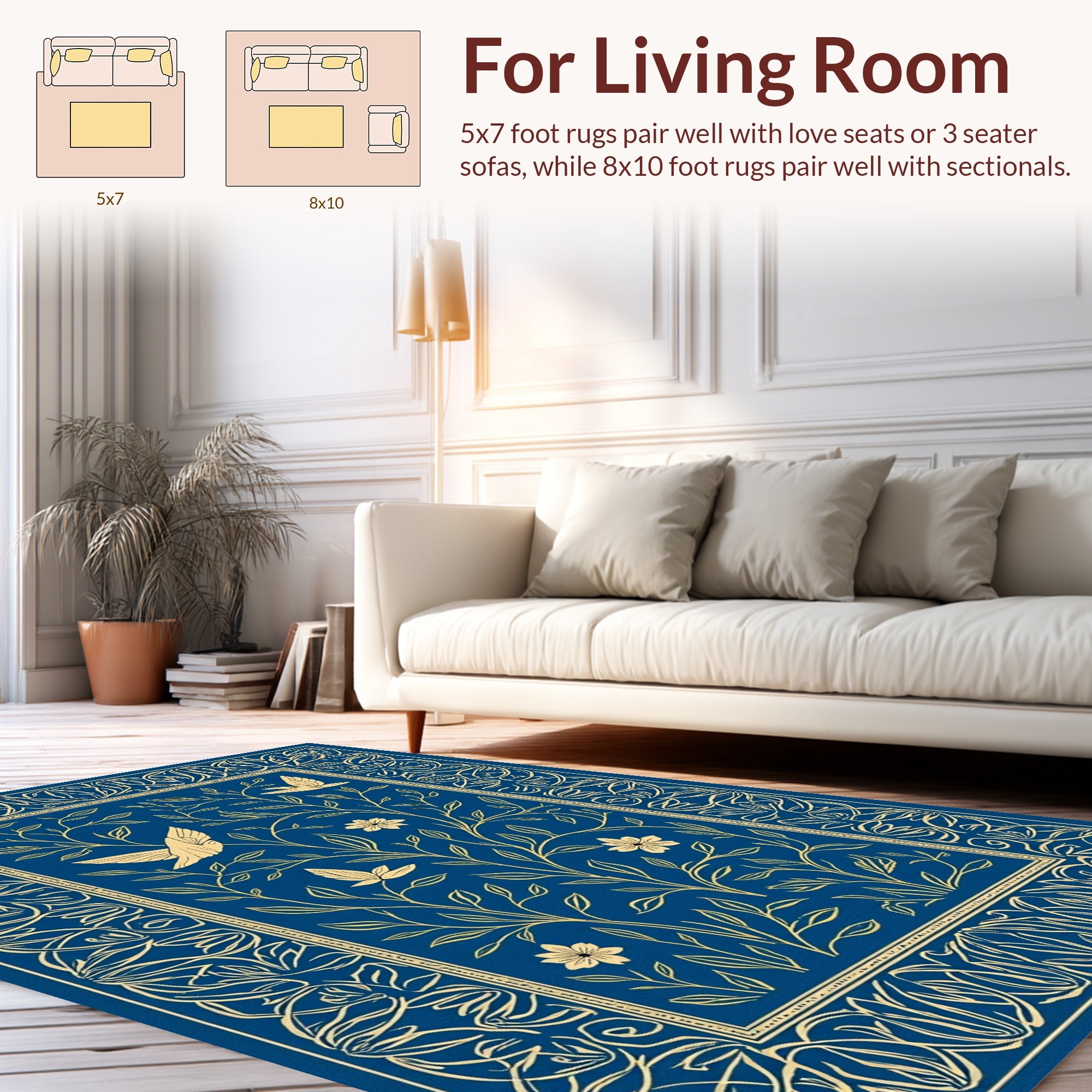 Blue Floral Birds Vines Design Rug