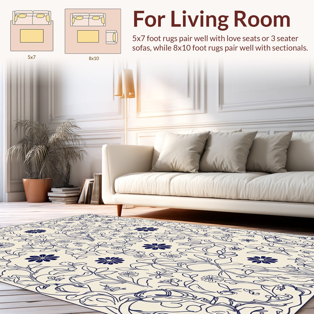 Navy Floral Vine Line Art Rug