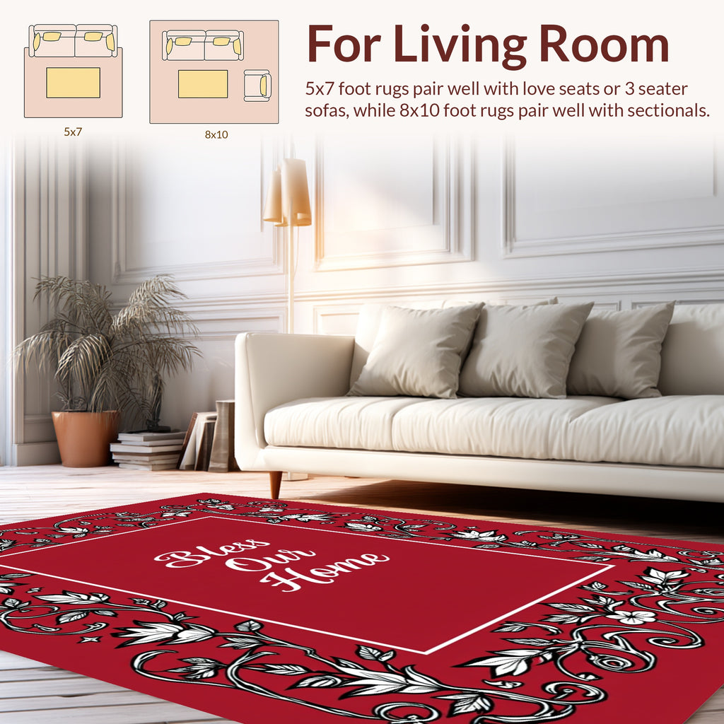 Red Floral Scroll Vine Pattern Rug