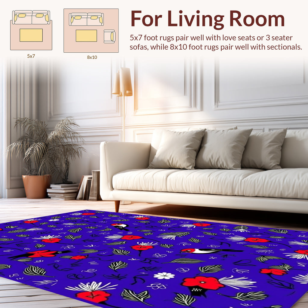 Red Floral With Birds Pattern Rug