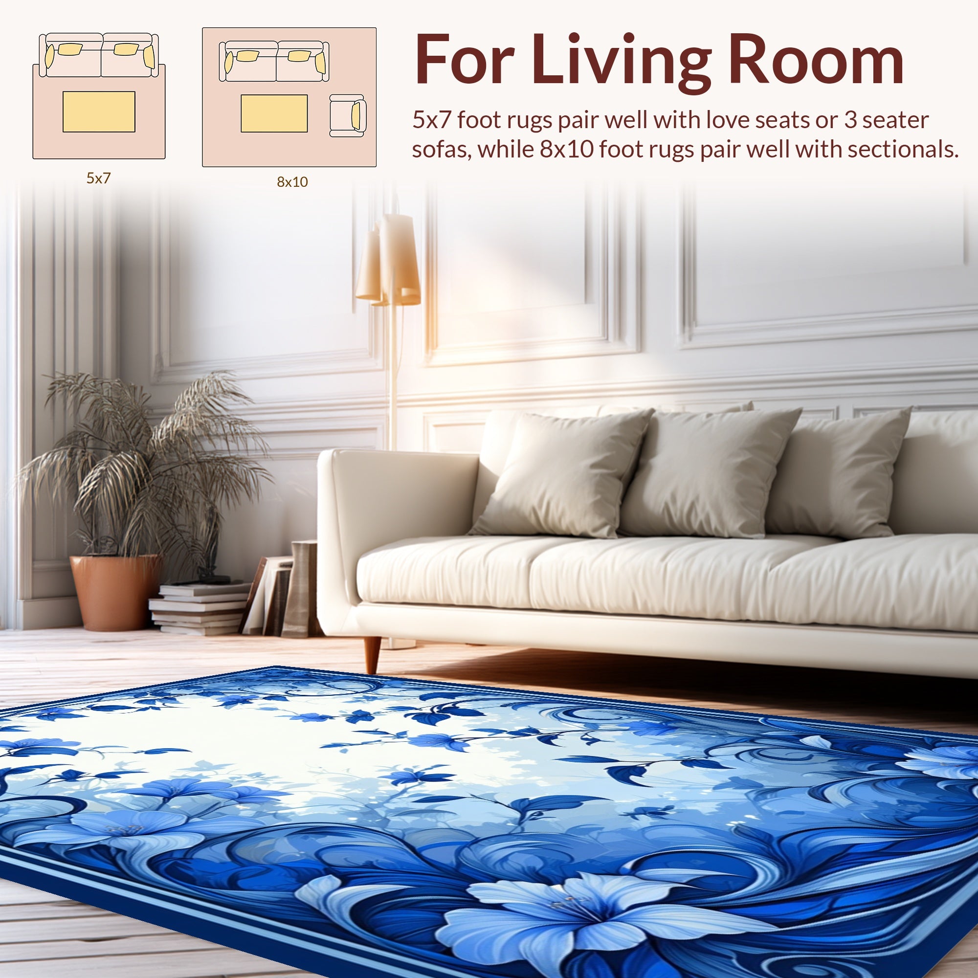 Blue Floral Curving Vines Pattern Rug