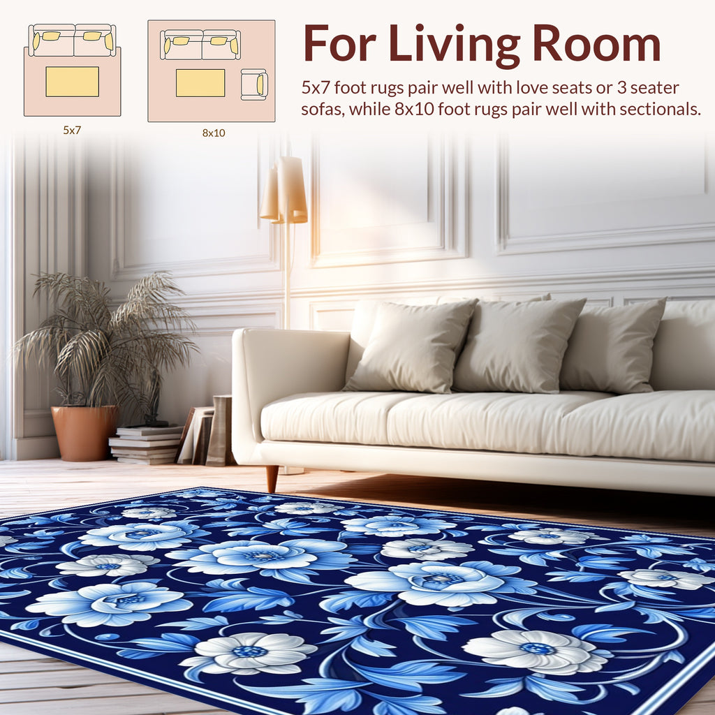 Blue White Floral Vine Pattern Rug