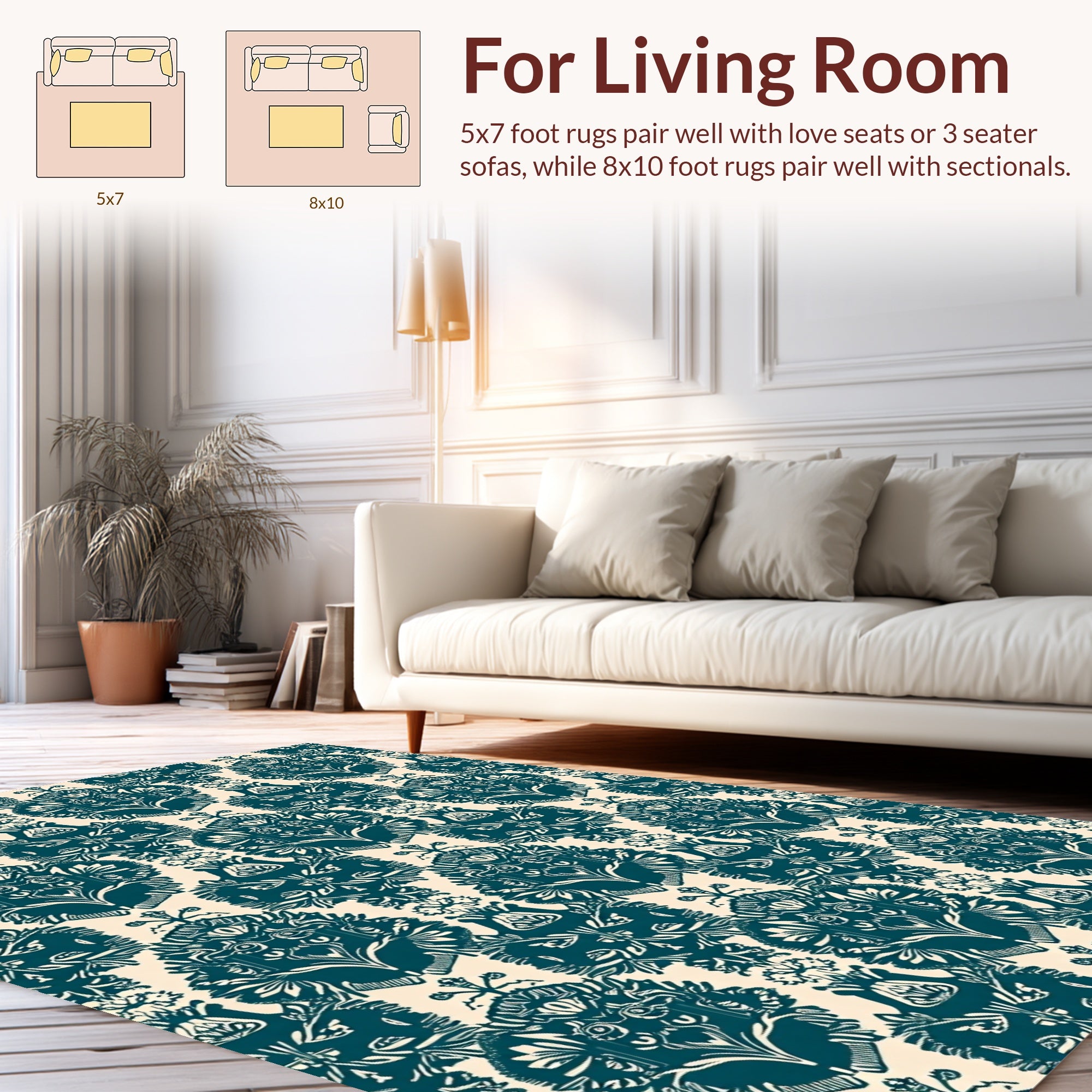 Dark Teal And Cream Damask Pattern Rug