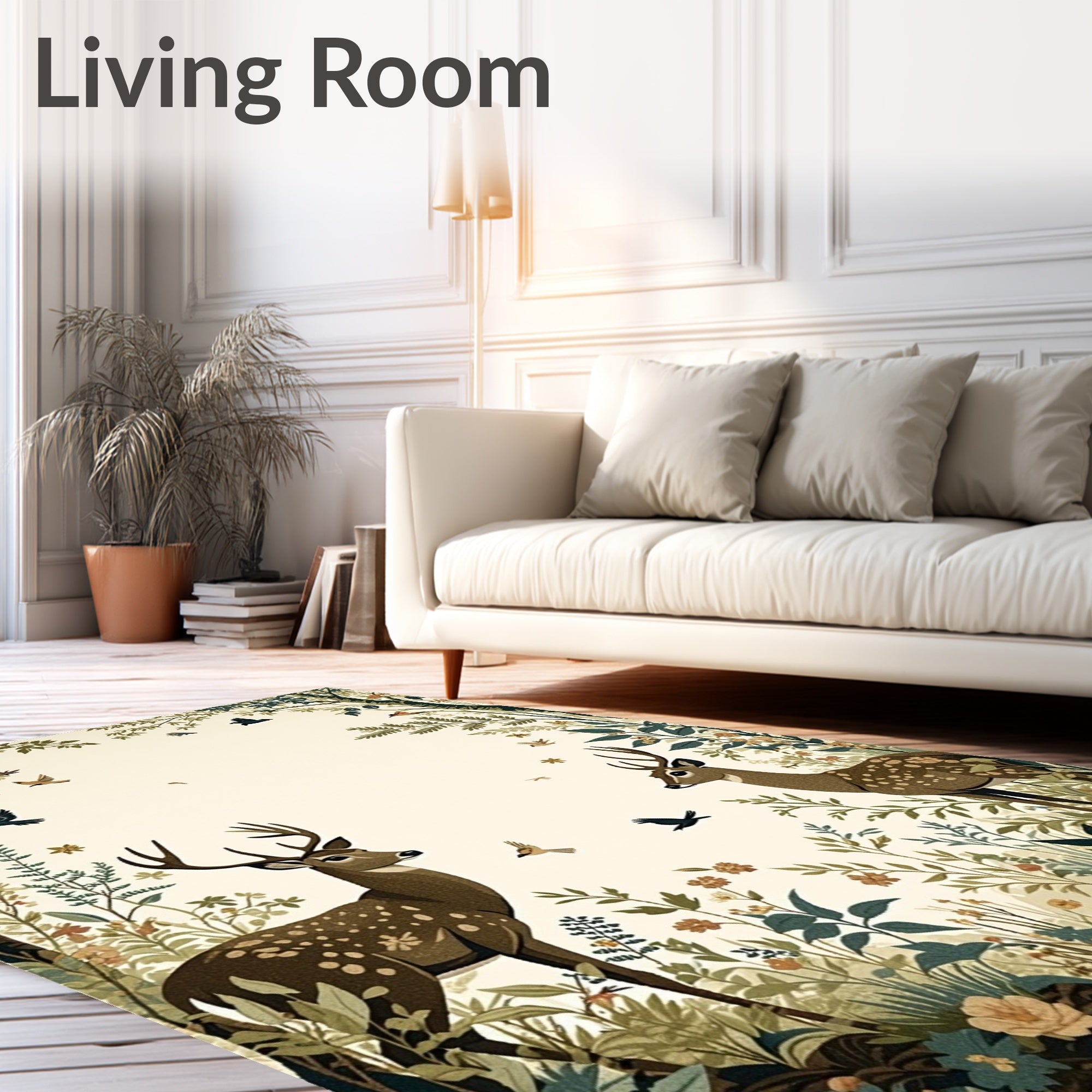Woodland Deer And Birds Botanical Print Rug