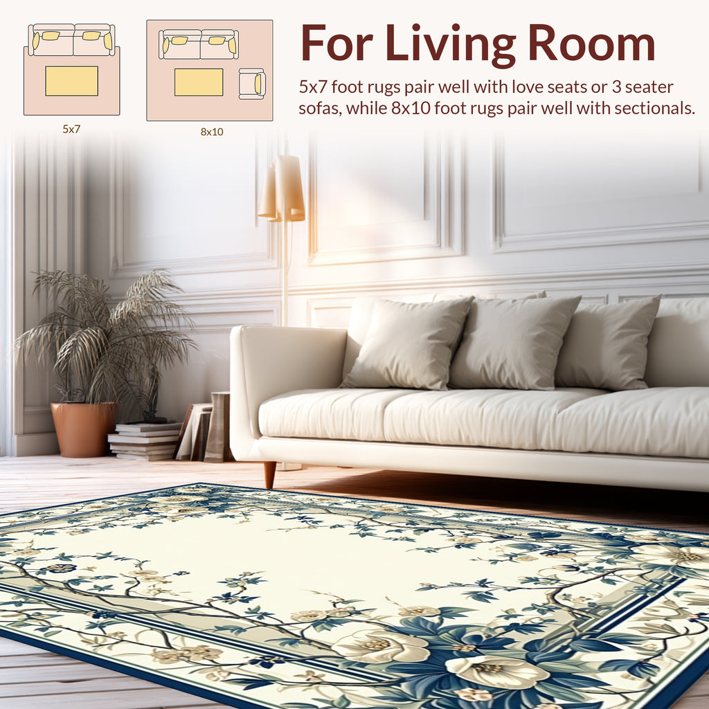 Blue White Floral Botanical Garden Rug