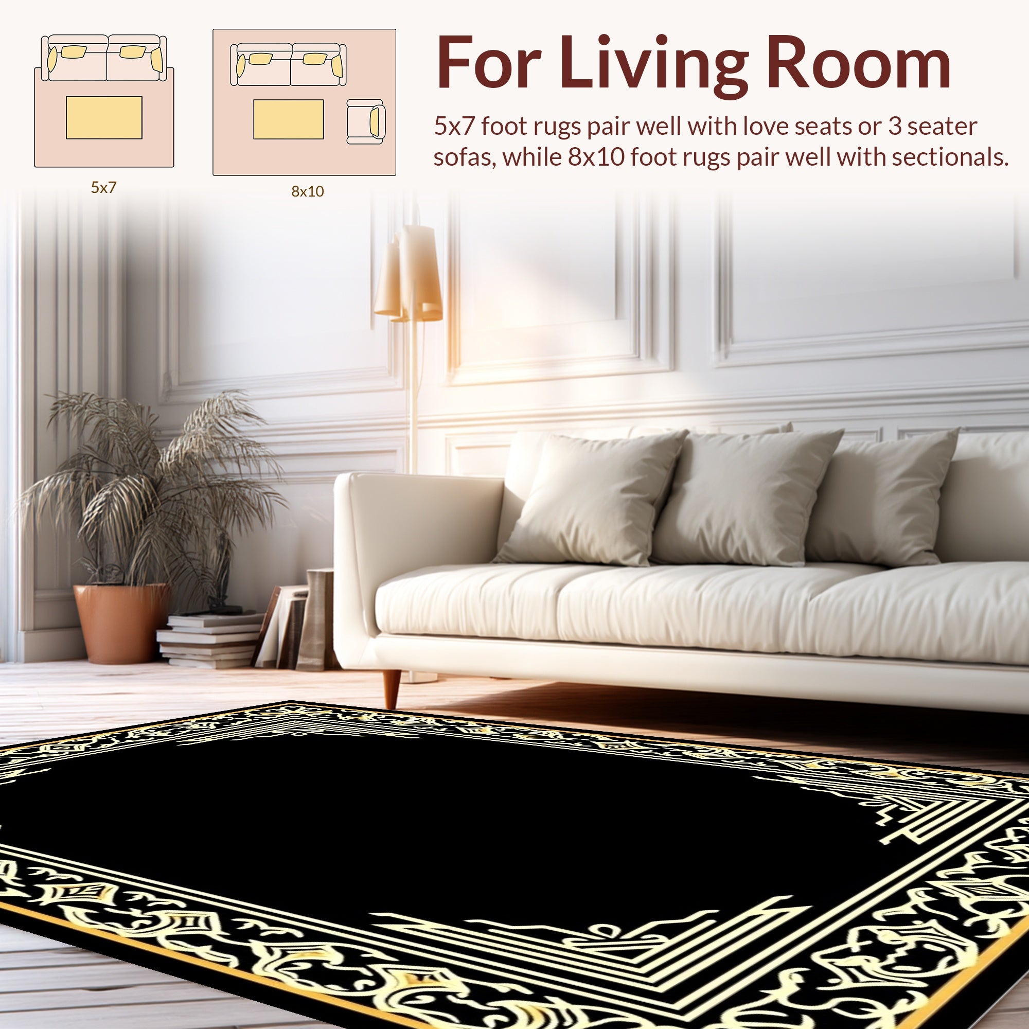 Ornate Black Gold Border Design Rug