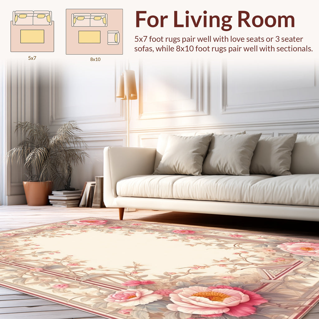 Soft Pink Beige Floral Frame Rug