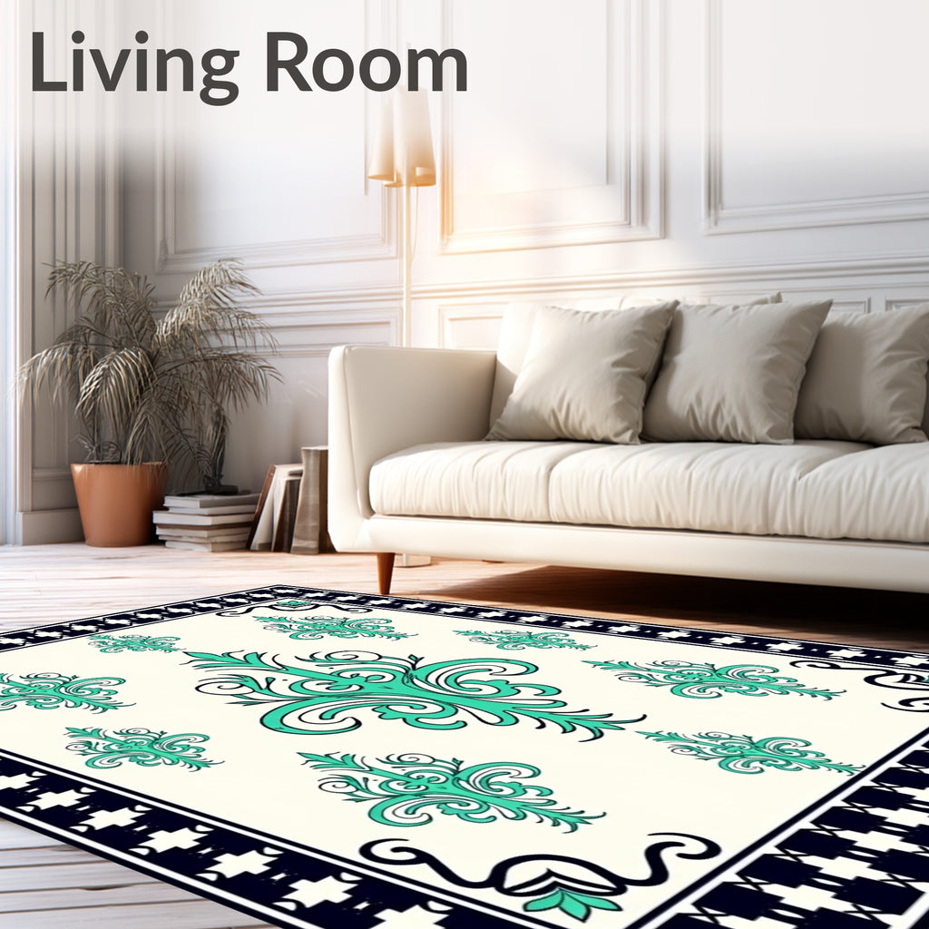 Aqua Filigree Scrollwork With Black Border Rug