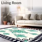 Aqua Filigree Scrollwork With Black Border Rug