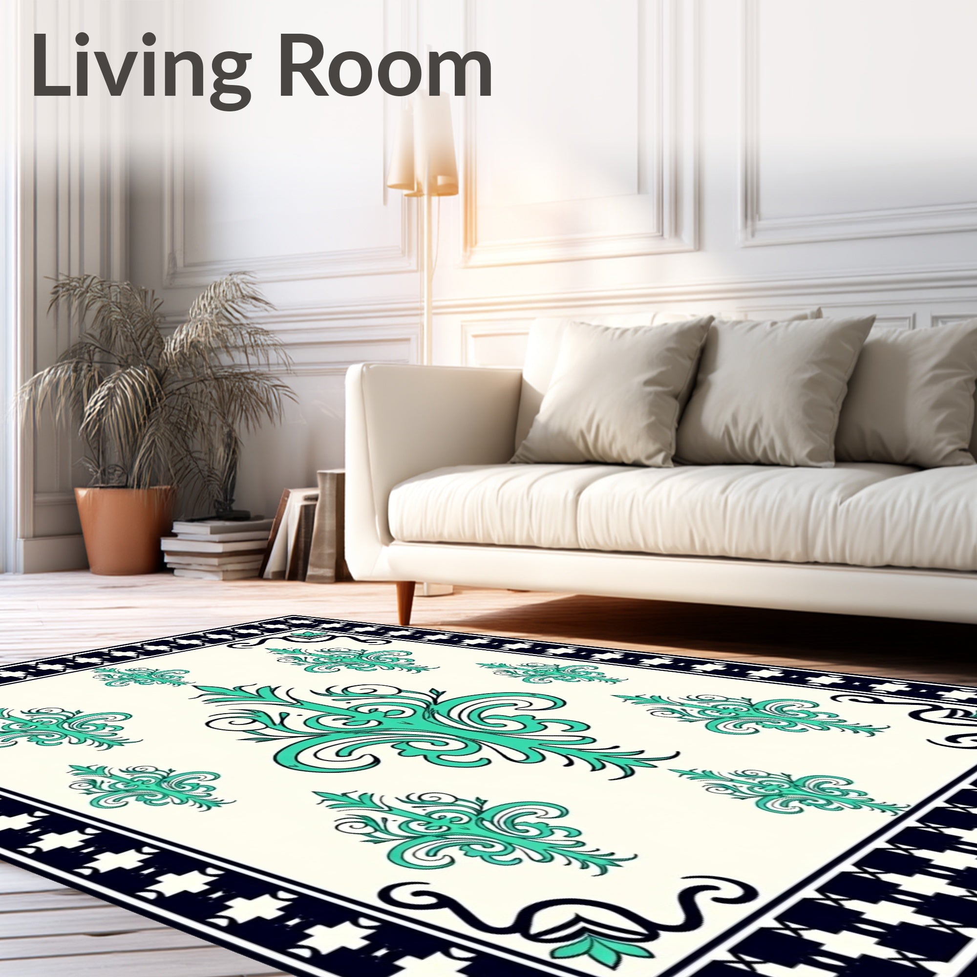 Aqua Filigree Scrollwork With Black Border Rug