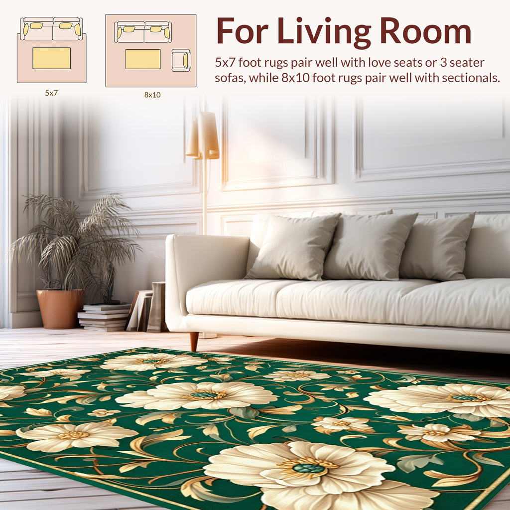 Elegant Emerald Floral Scroll Design Rug