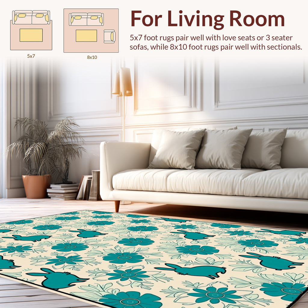 Teal Rabbit Floral Pattern Rug
