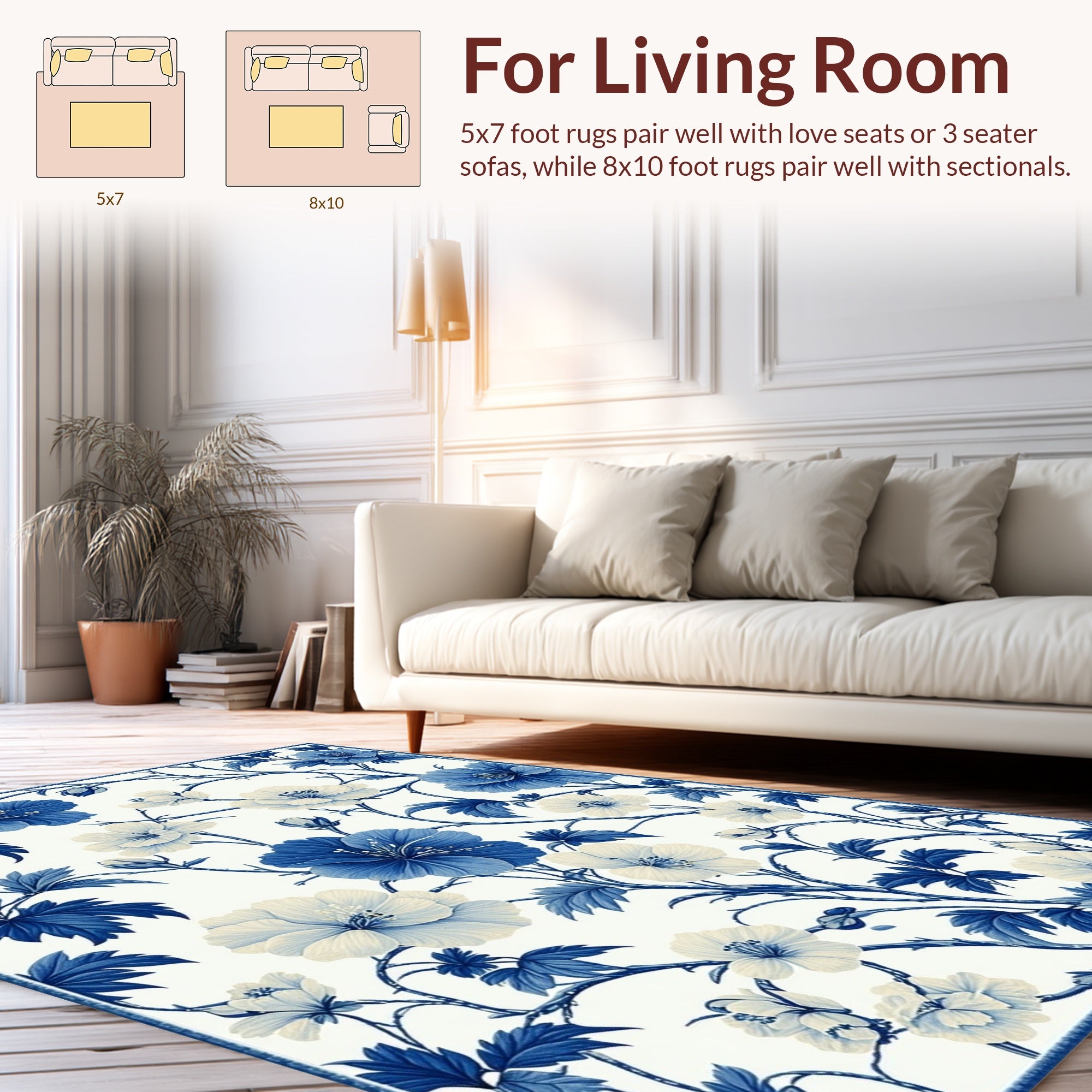 Blue Floral Vines Pattern Rug