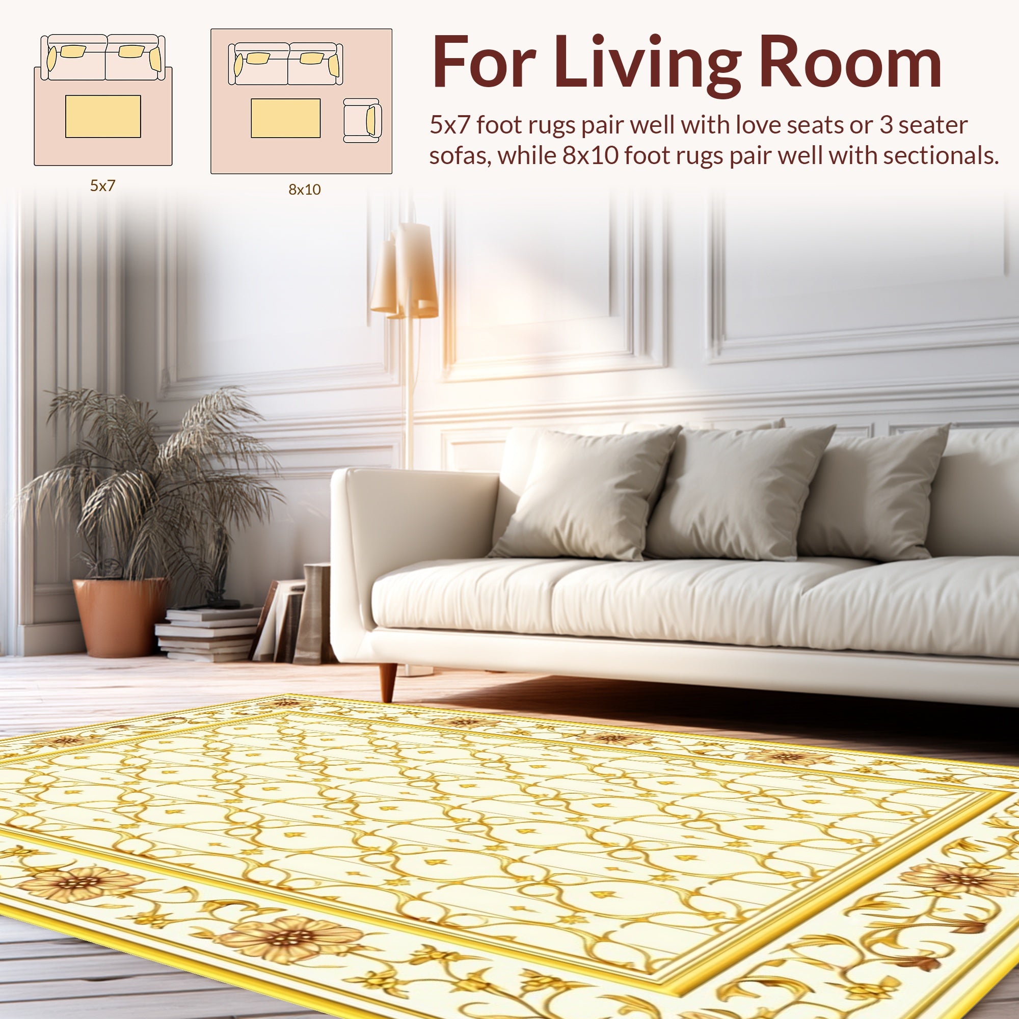 Golden Floral Vine Intricate Pattern Rug