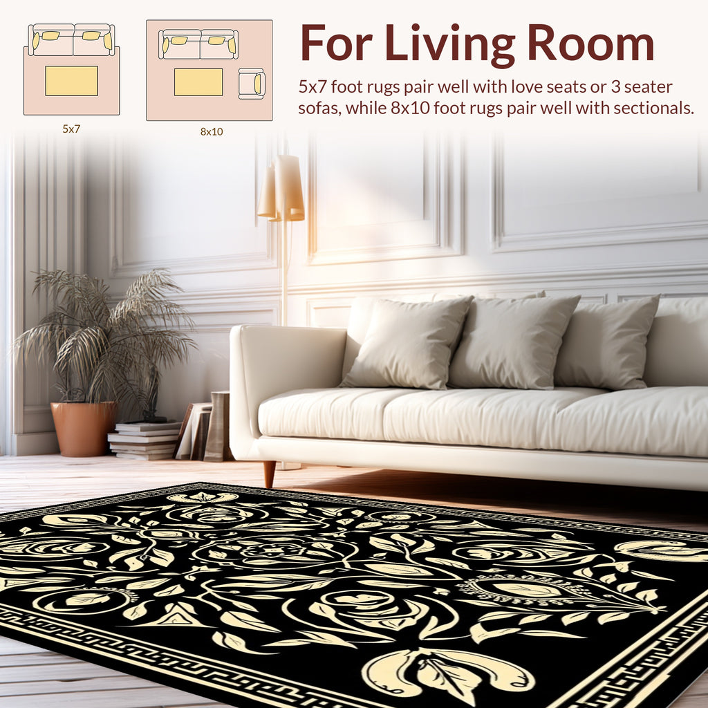 Scrolled Floral Cream Black Design Rug