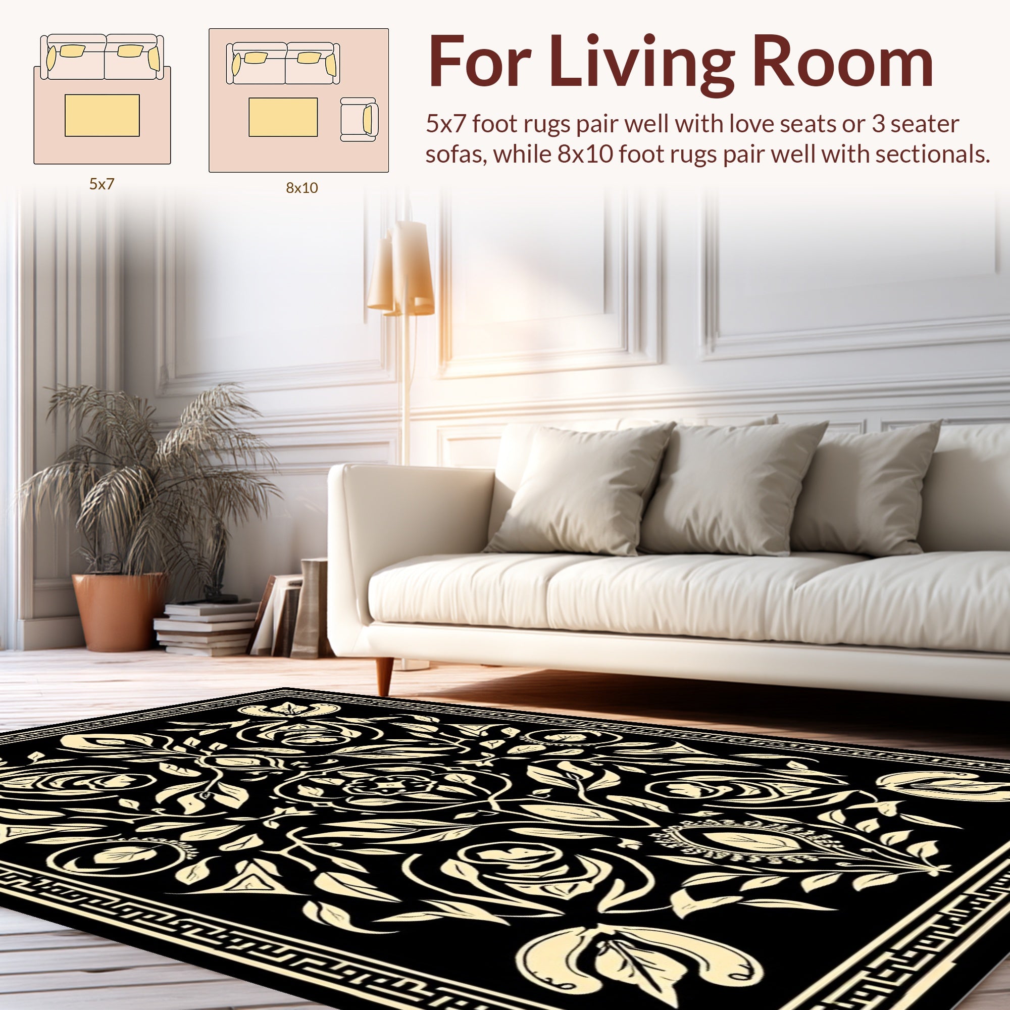 Scrolled Floral Cream Black Design Rug