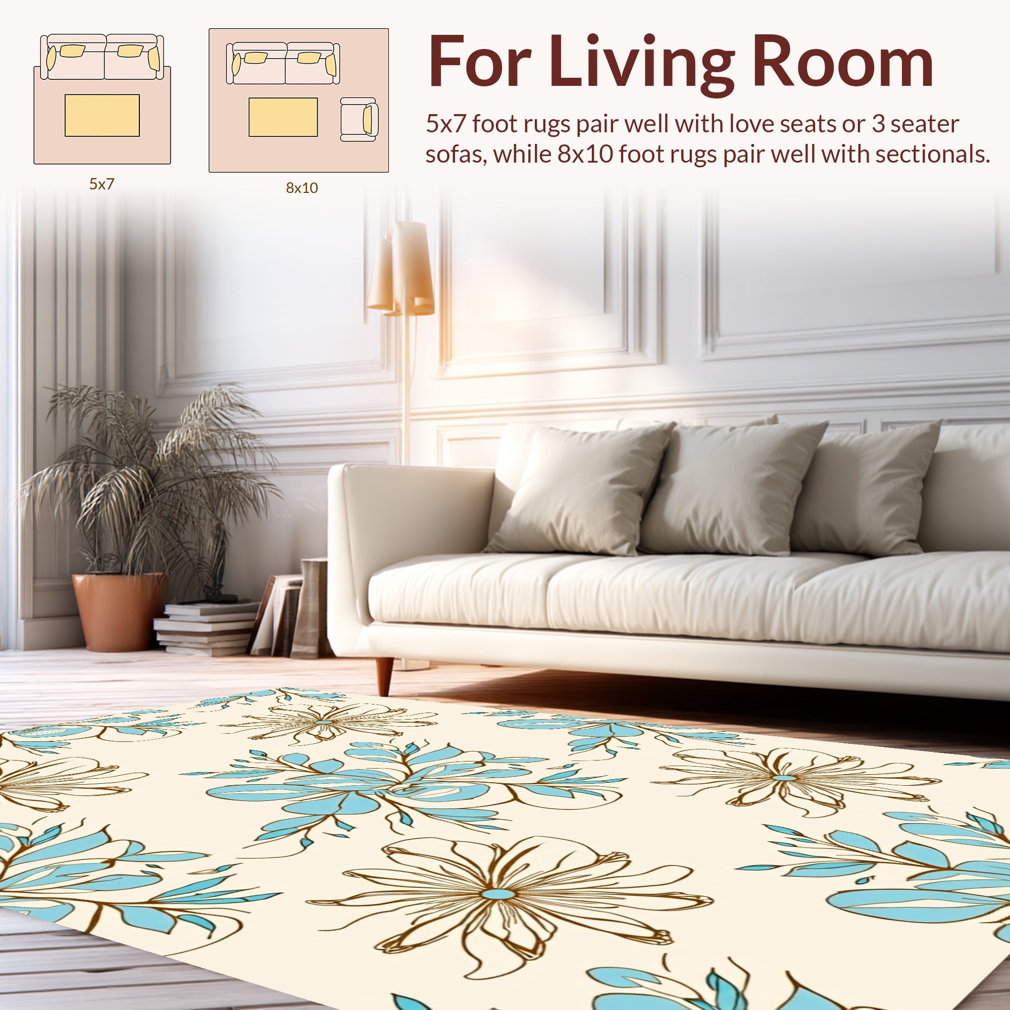 Delicate Floral Outline Blue Leaf Pattern Rug