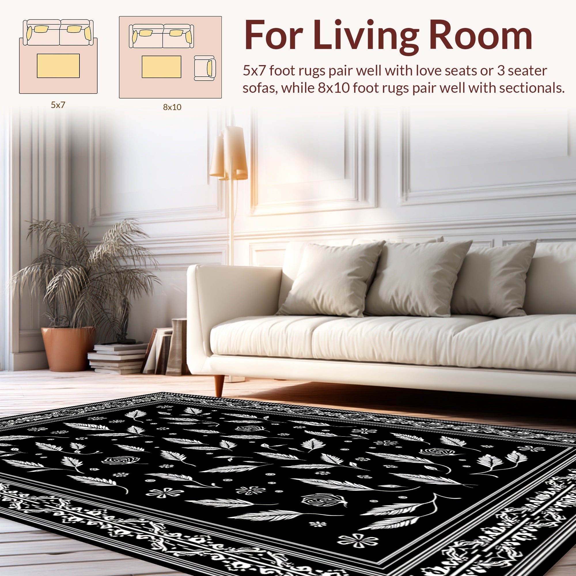 Black White Feathery Floral Pattern Rug