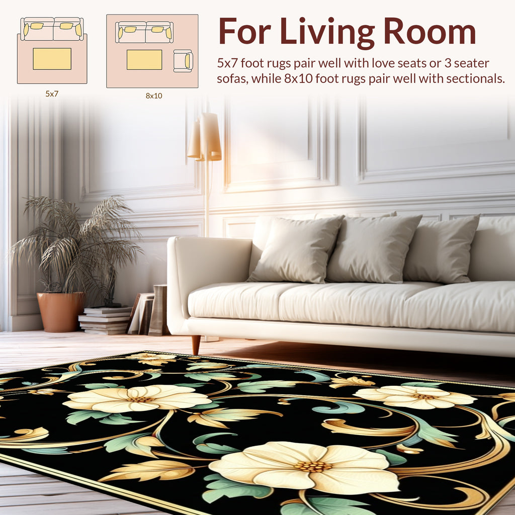 Ornate Floral Swirls on Black Rug