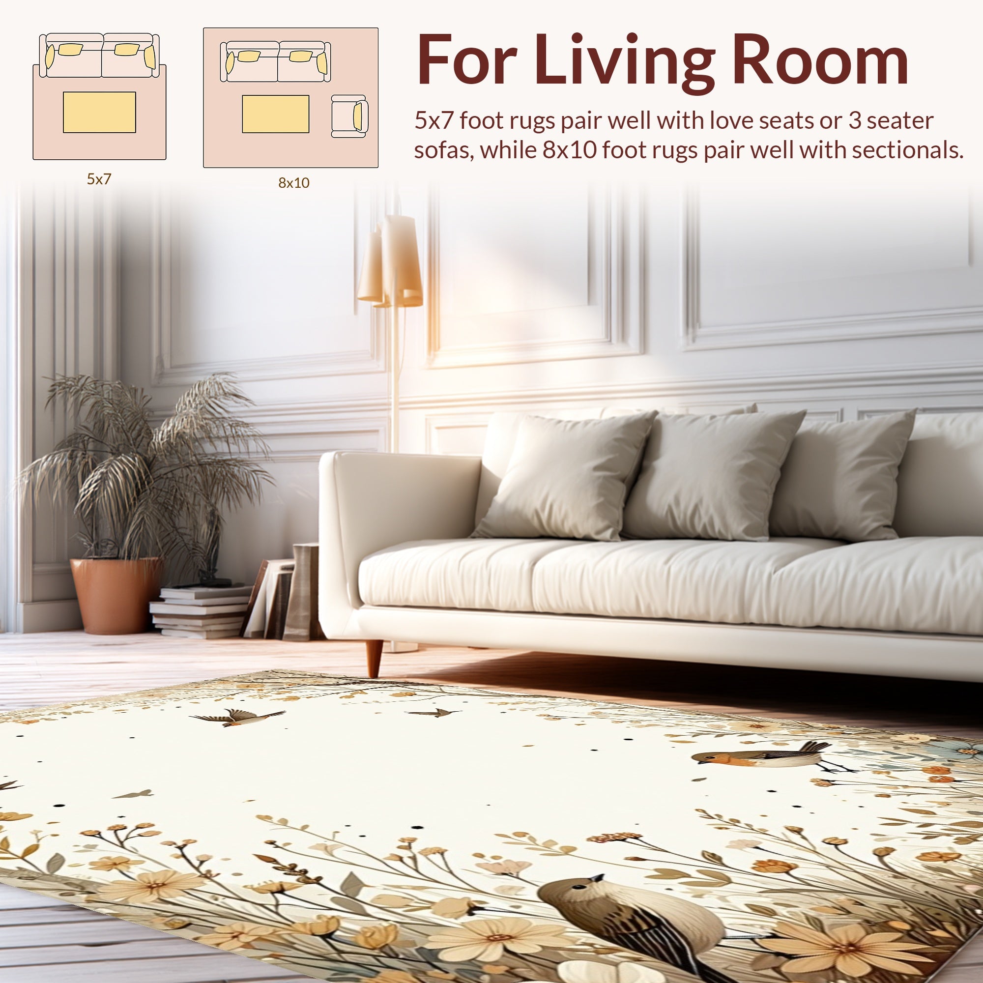 Whimsical Birds Floral Meadow Design Rug