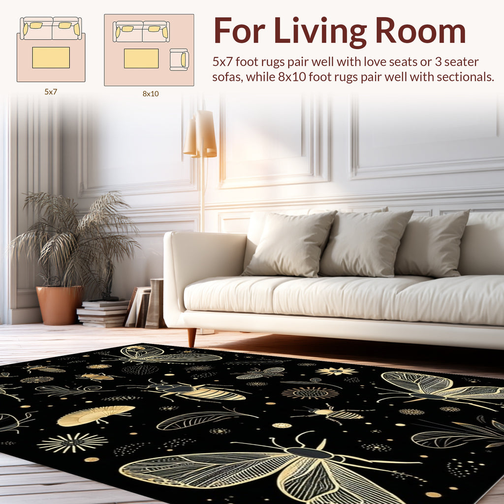 Elegant Gold Insect Butterfly Design Rug