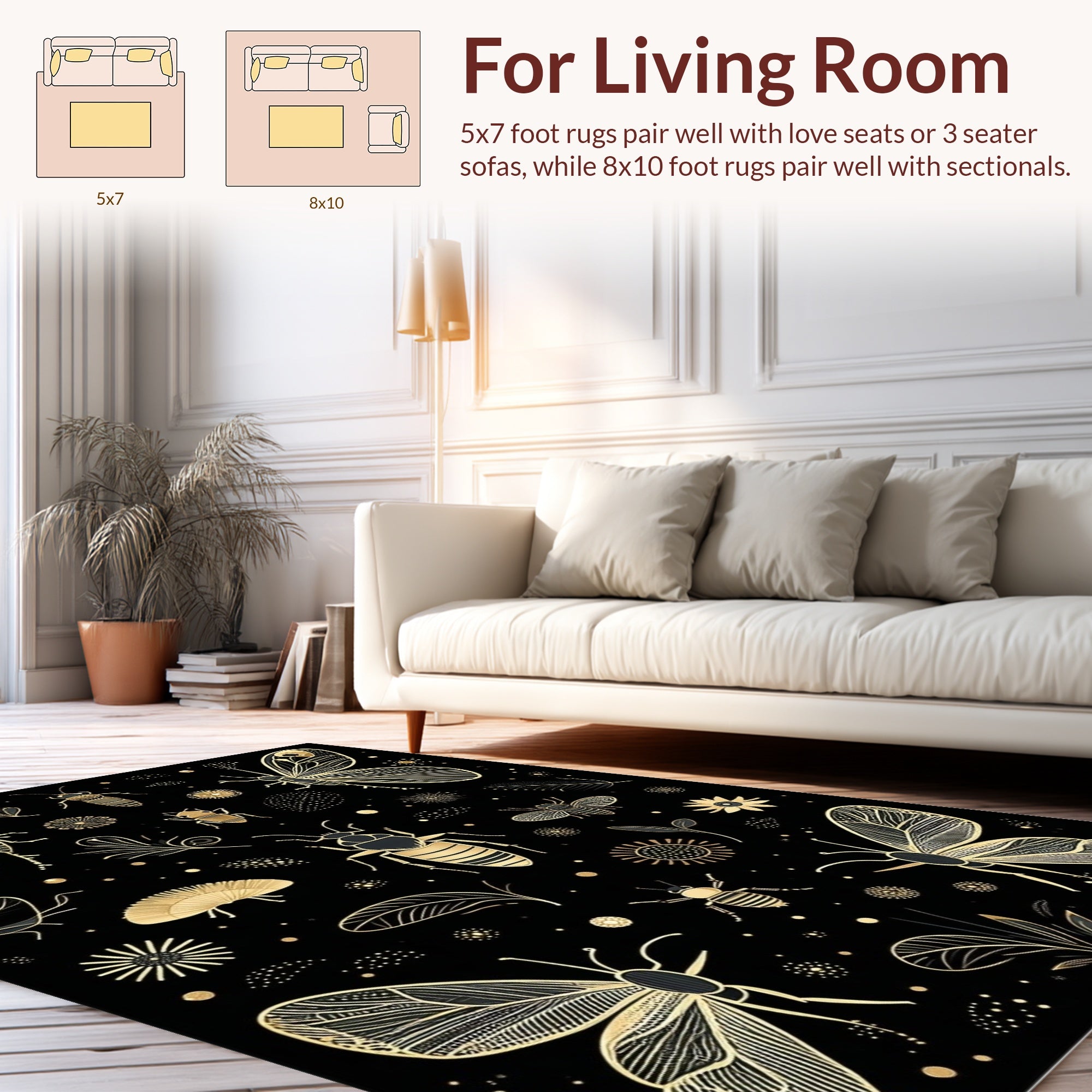 Elegant Gold Insect Butterfly Design Rug