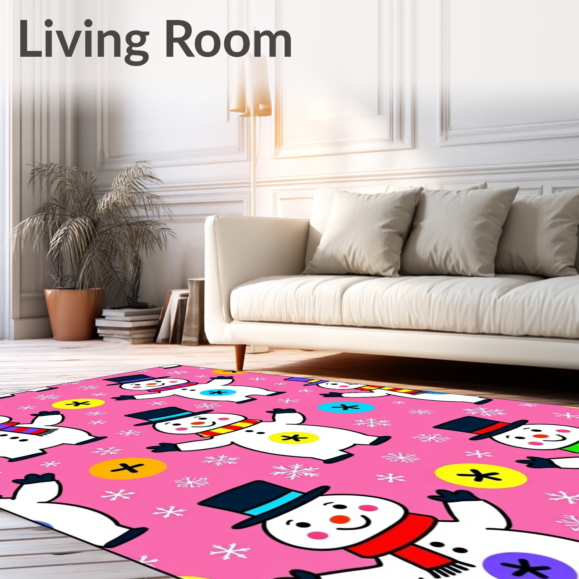 Whimsical Pink Snowman Winter Wonderland Rug