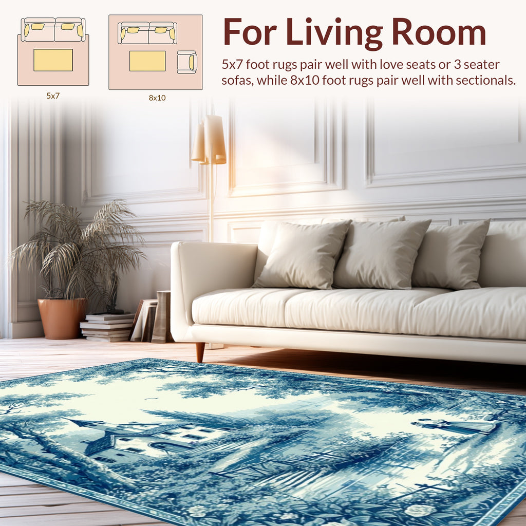 Blue Scenic Landscape Pastoral Scene Rug