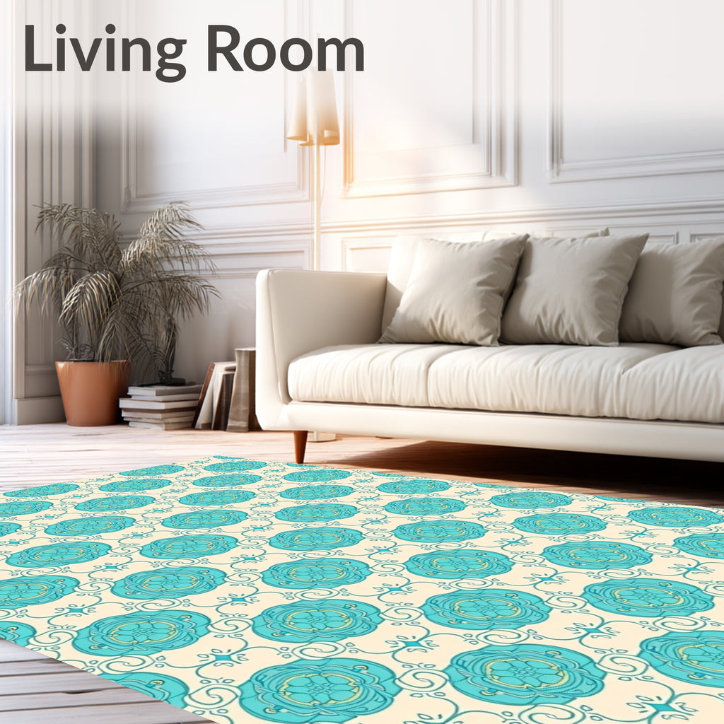 Aqua Teal Floral Oval Scroll Rug