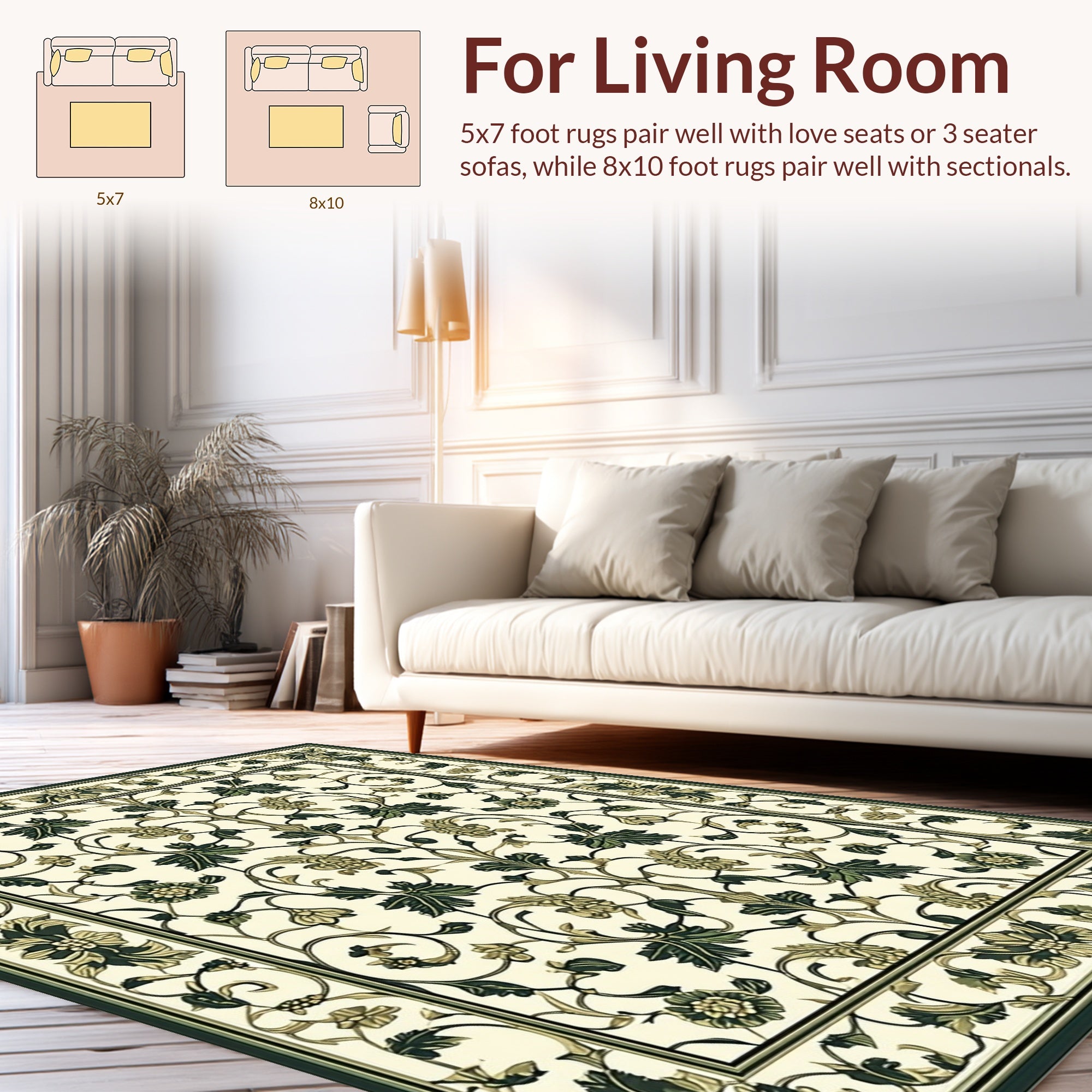 Floral Vine Bordered Cream Rug