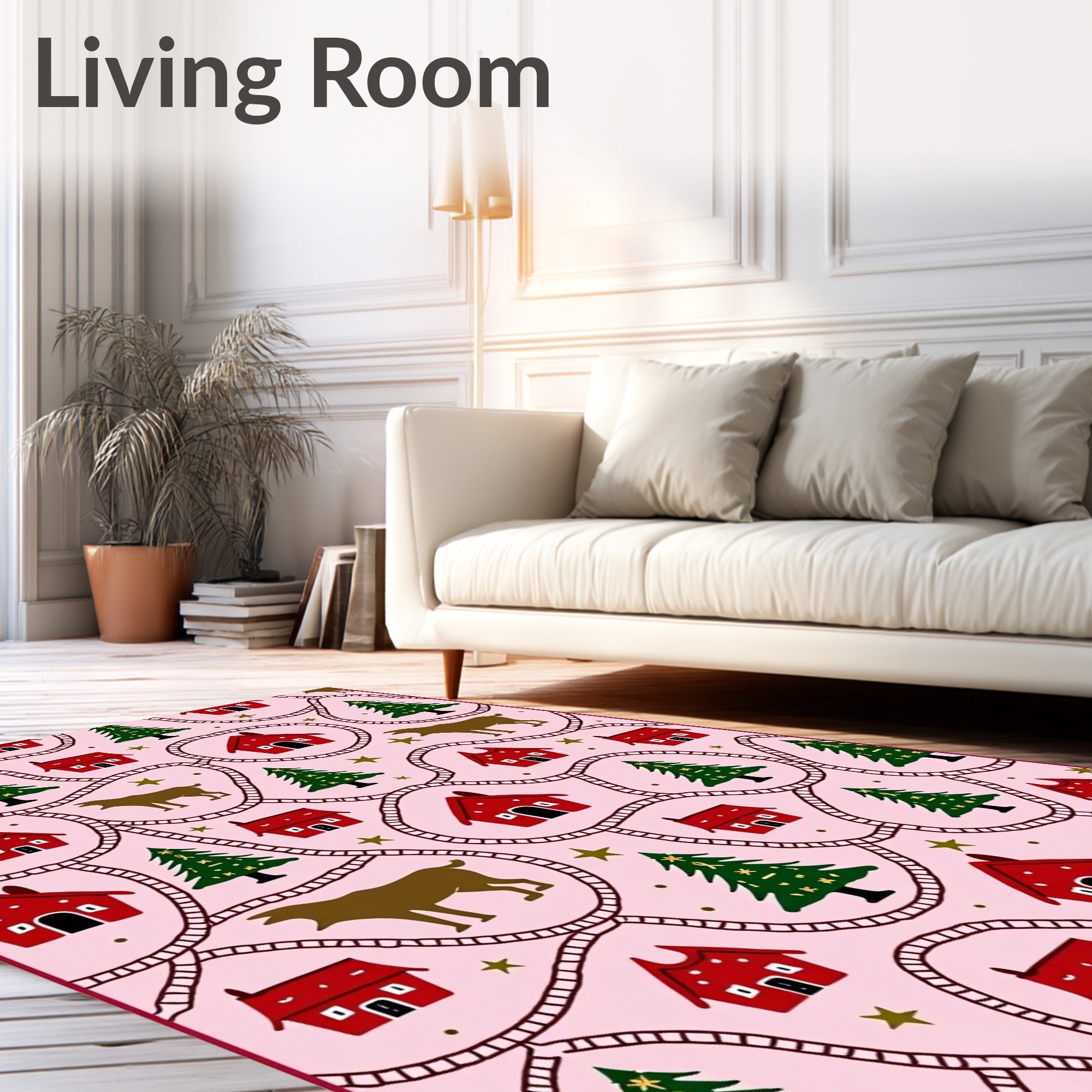 Rustic Red Houses Green Trees Dog Stars Rug