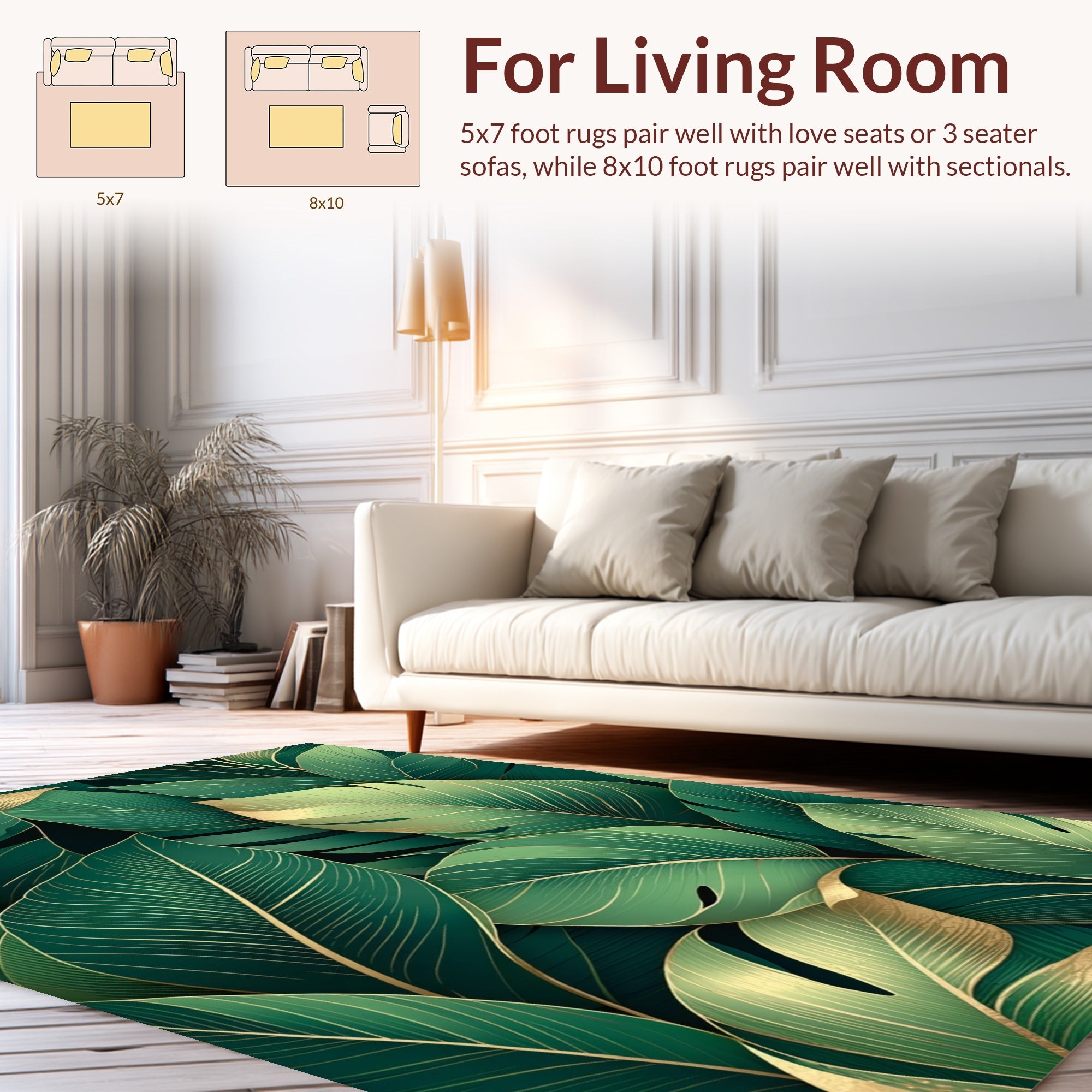 Lush Tropical Leaf Gold Outline Design Rug