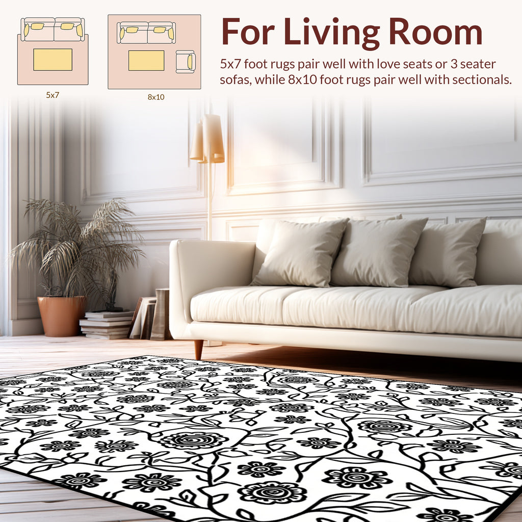 Vine and Floral Black White Pattern Rug