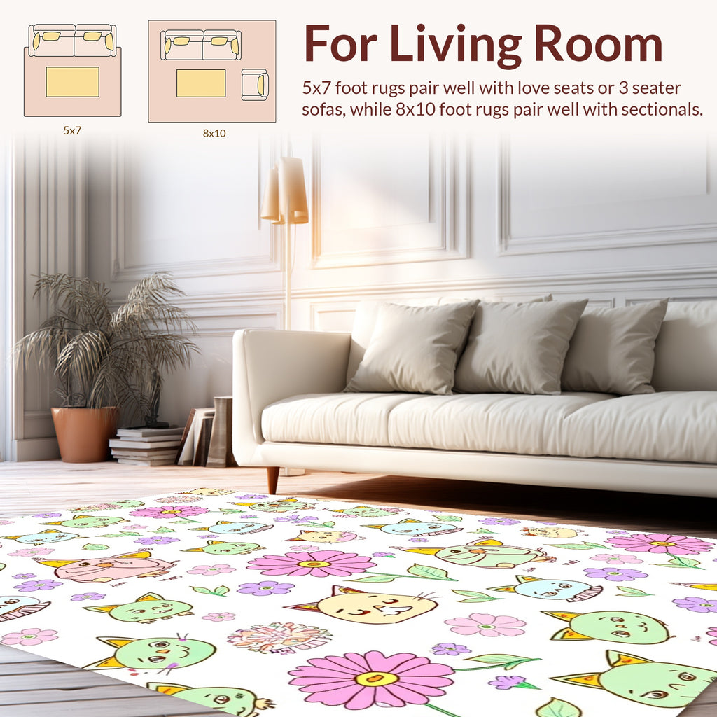 Whimsical Cat and Flower Pattern Rug