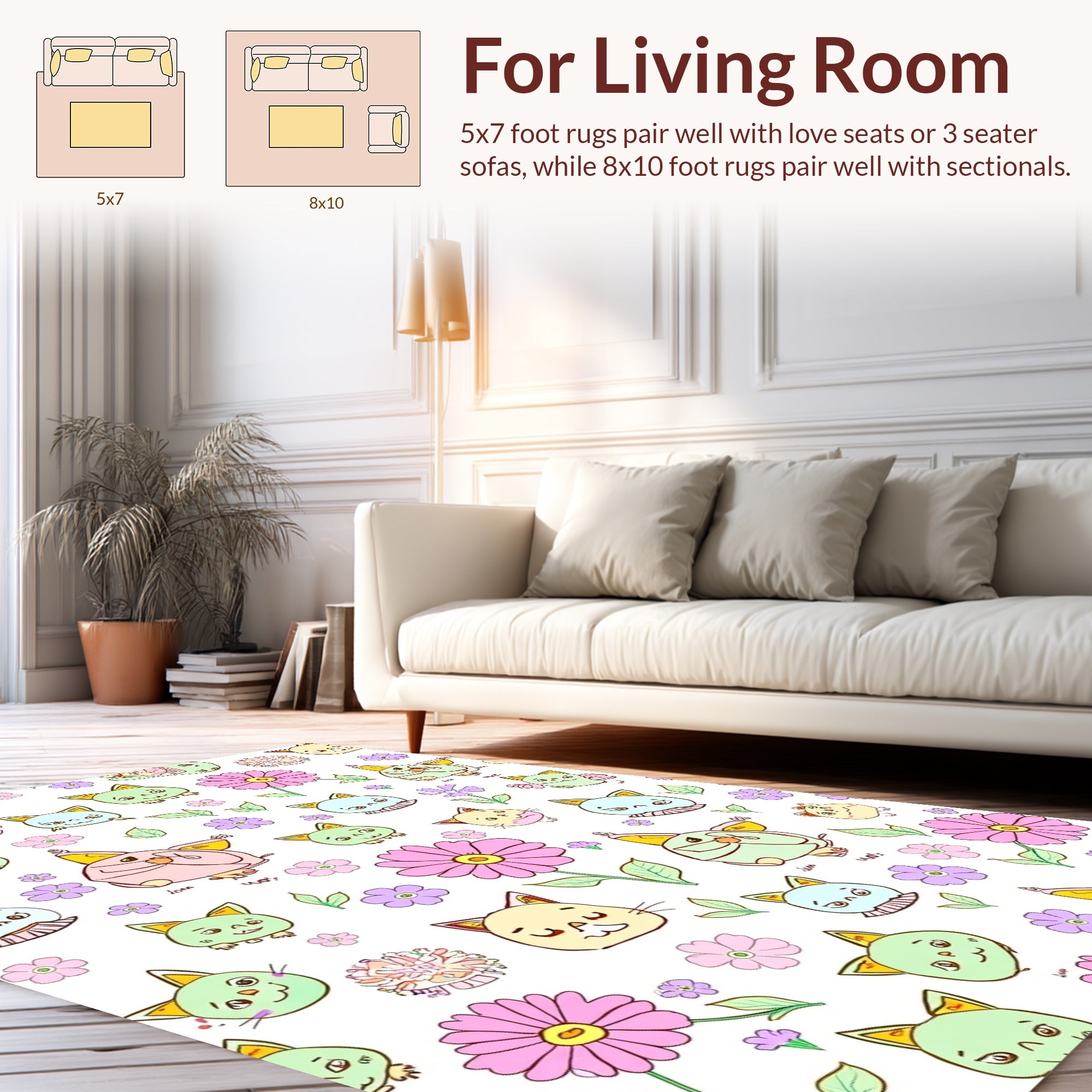 Whimsical Cat and Flower Pattern Rug