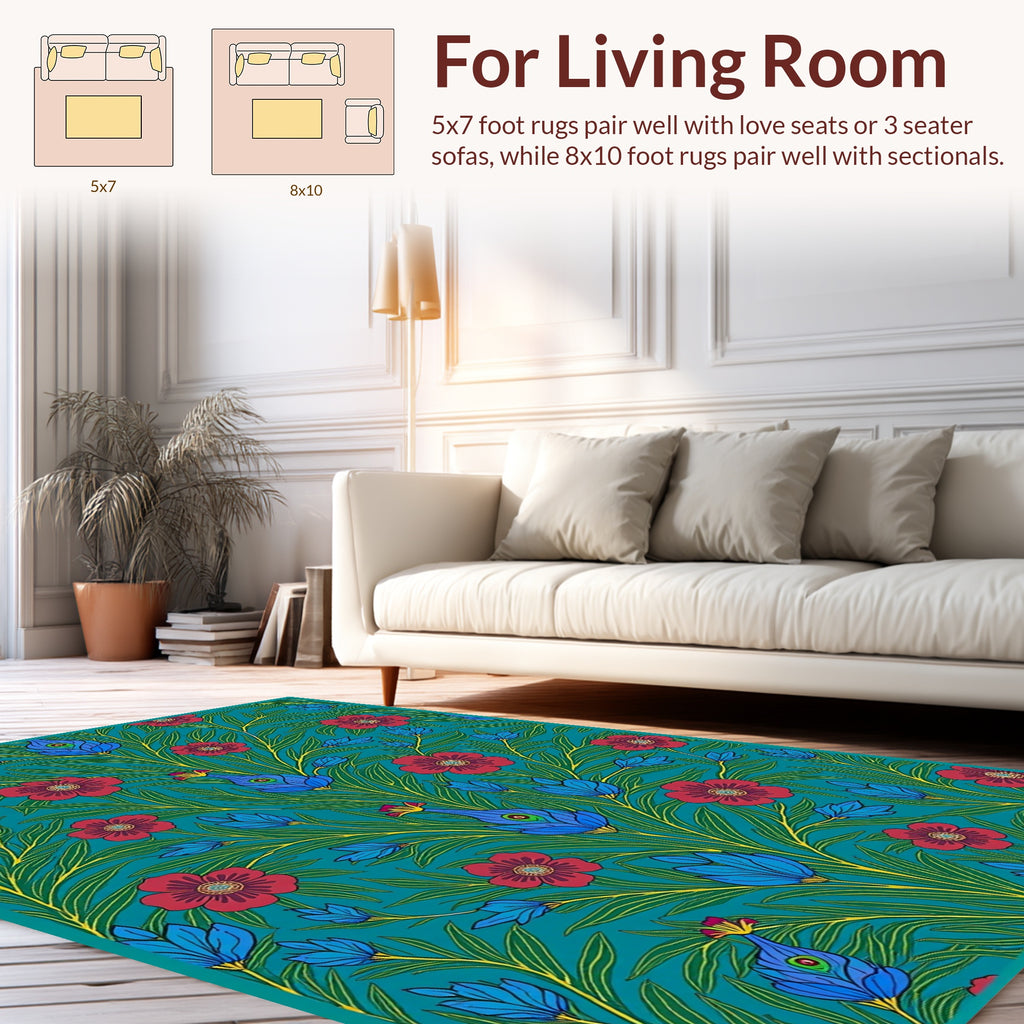 Peacock Floral Emerald Garden Pattern Rug