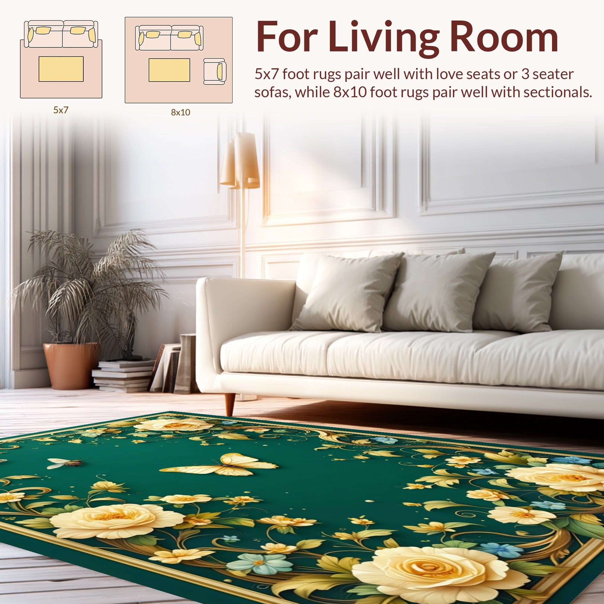 Golden Floral Butterfly Botanical Design Rug