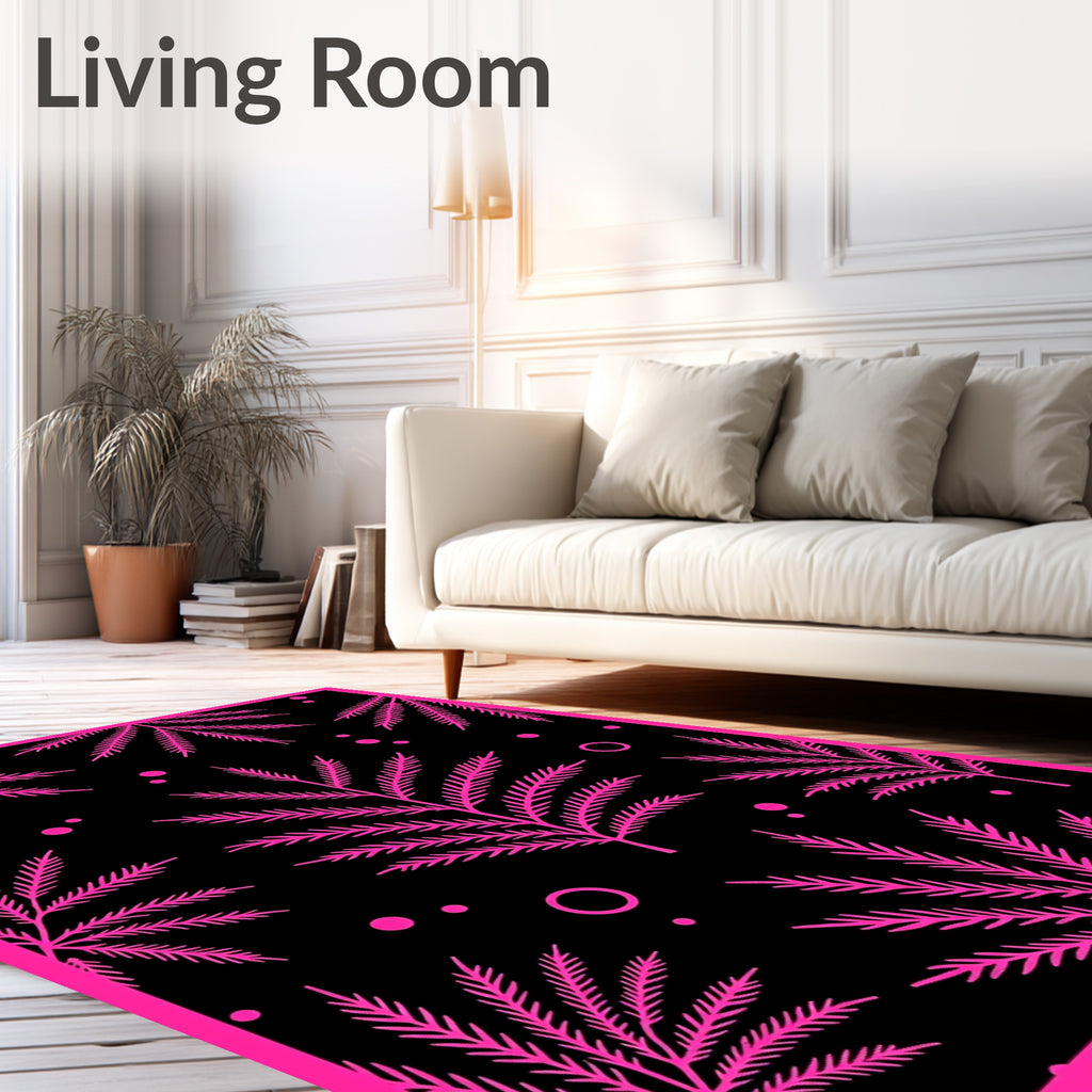 Bold Hot Pink Palm Leaves on Black Rug